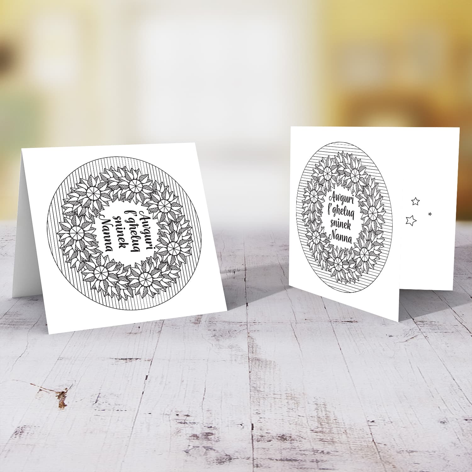 Colouring card for Grandma / Nanna with geometric flowers and striped circle background in Maltese