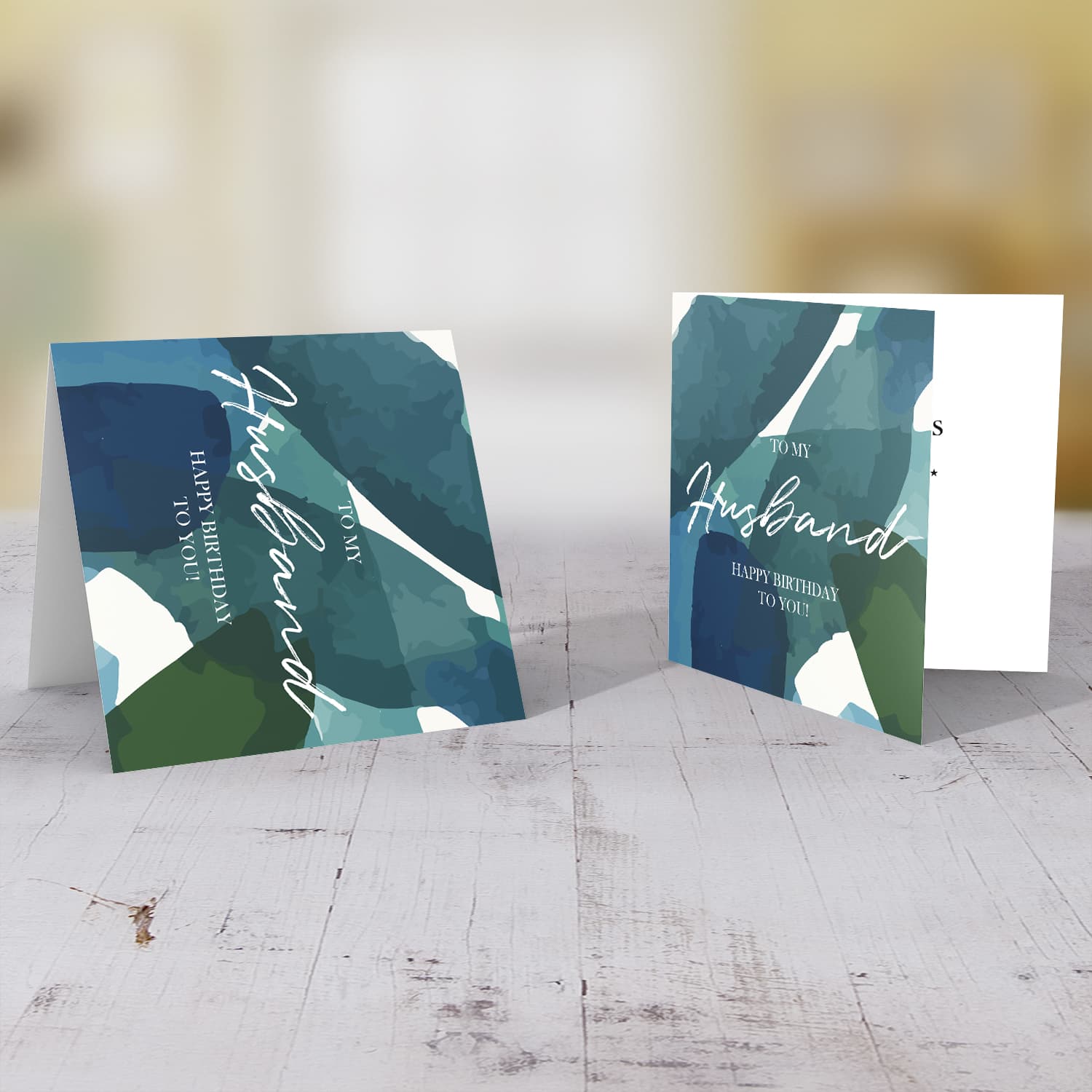 Blue and green themed birthday card for Husband in English