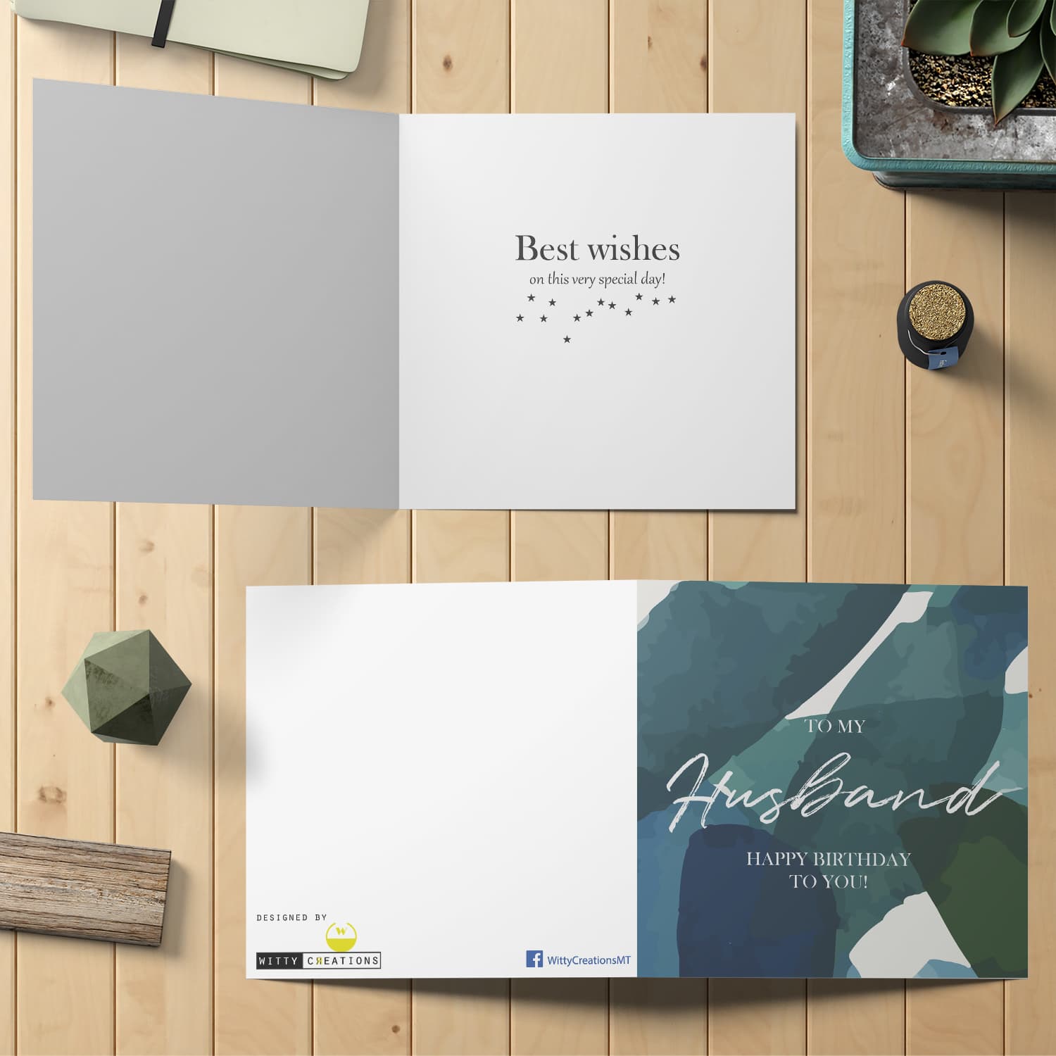 Blue and green themed birthday card for Husband in English