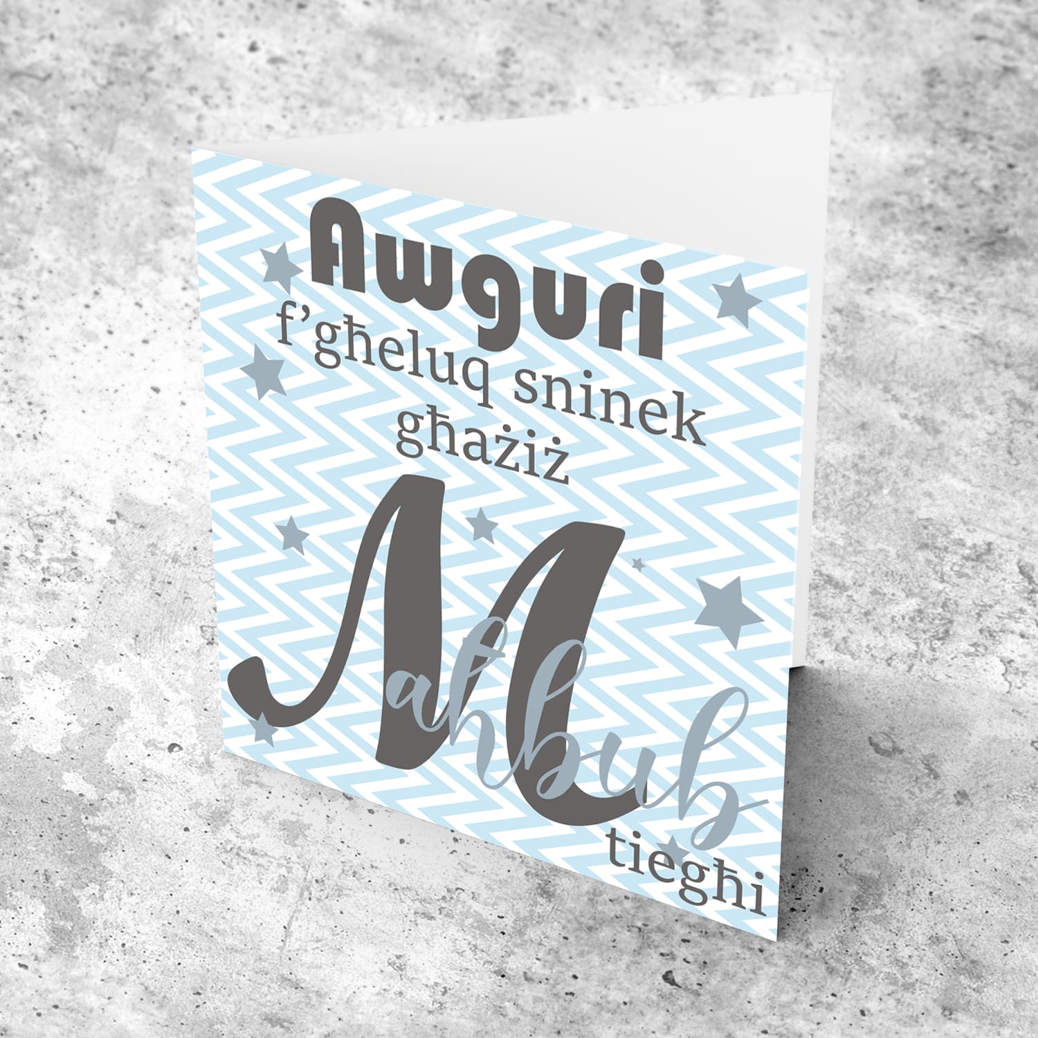 Blue with zigzag background and scattered stars birthday card for my love in Maltese