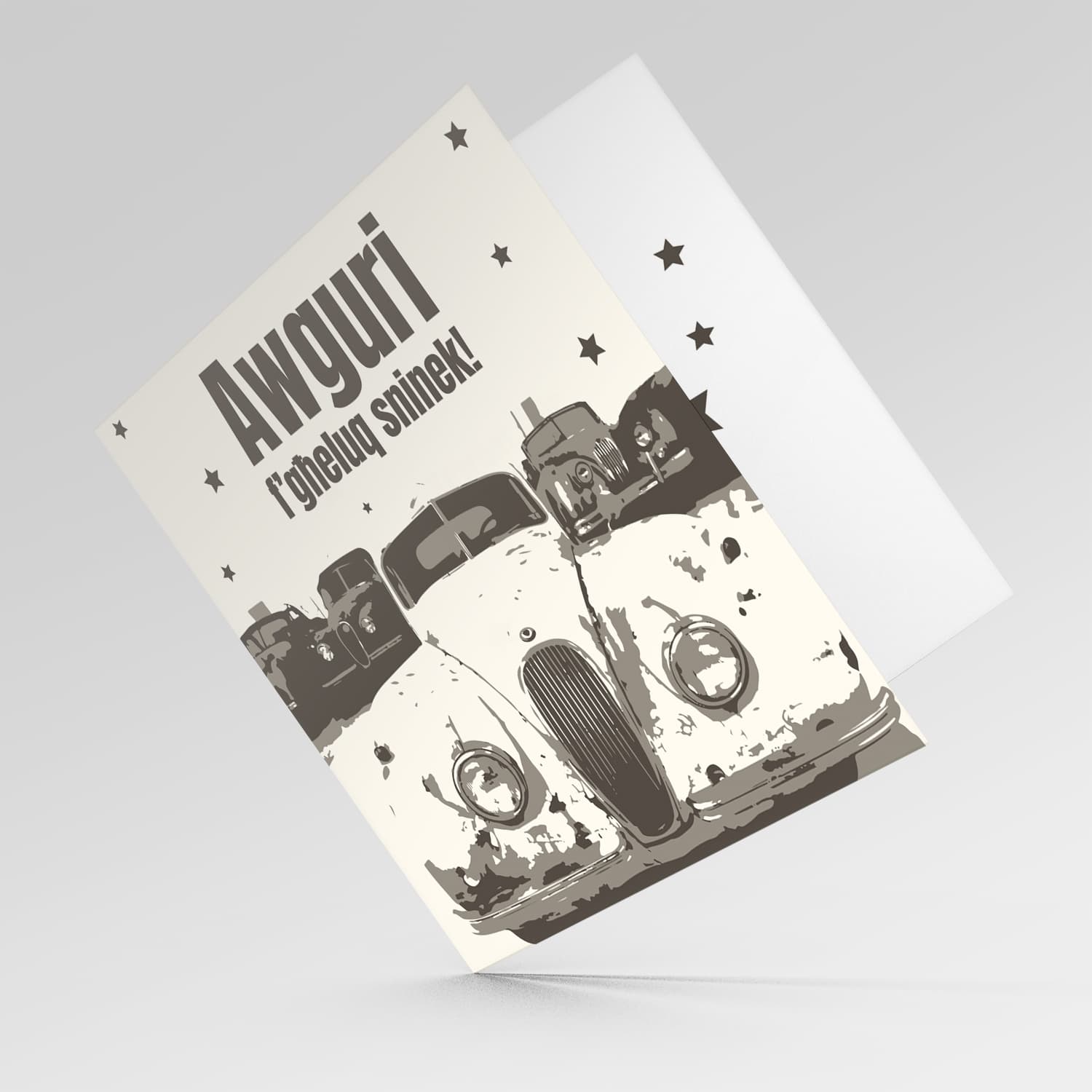 Monochrome old classic / vintage car themed birthday card in Maltese