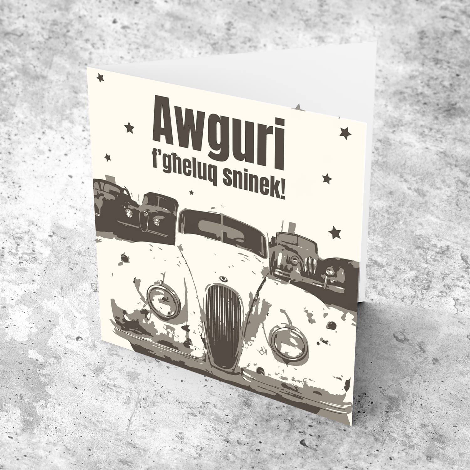 Monochrome old classic / vintage car themed birthday card in Maltese