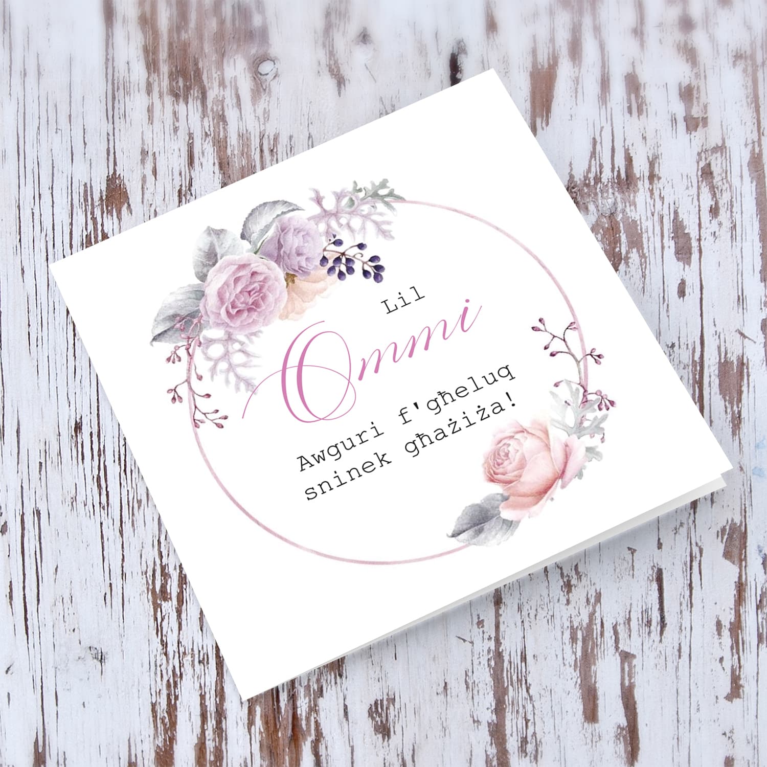 Floral wreath birthday card for dear mother in Maltese