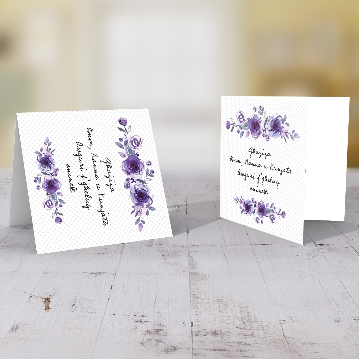 Purple flower themed birthday card for mother, grandma and mother-in-law in Maltese