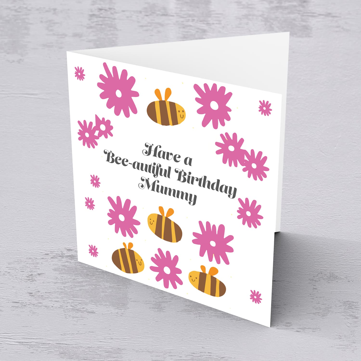 Cute bee themed birthay card for Mum with pink flowers in English