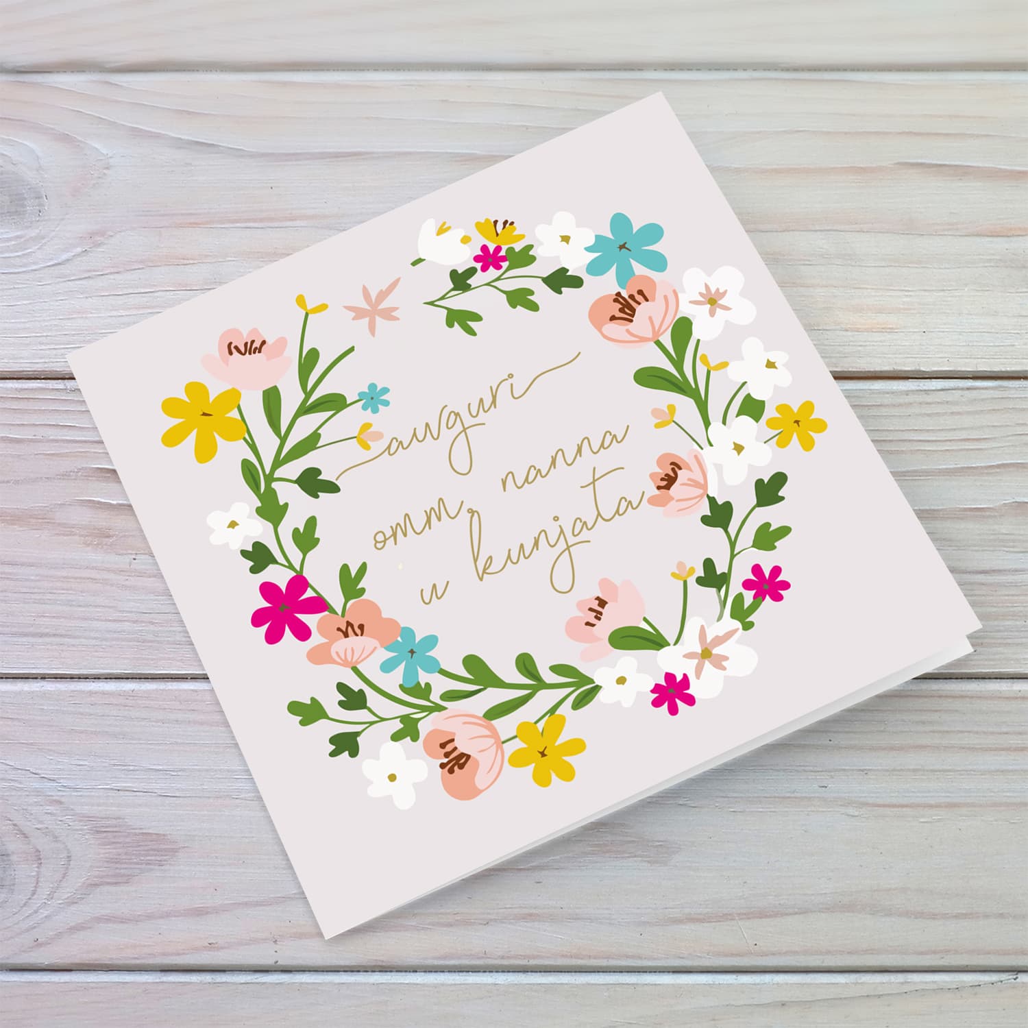 Colourful floral themed birthday card with light pink background for mother, grandma and mother-in-law in Maltese