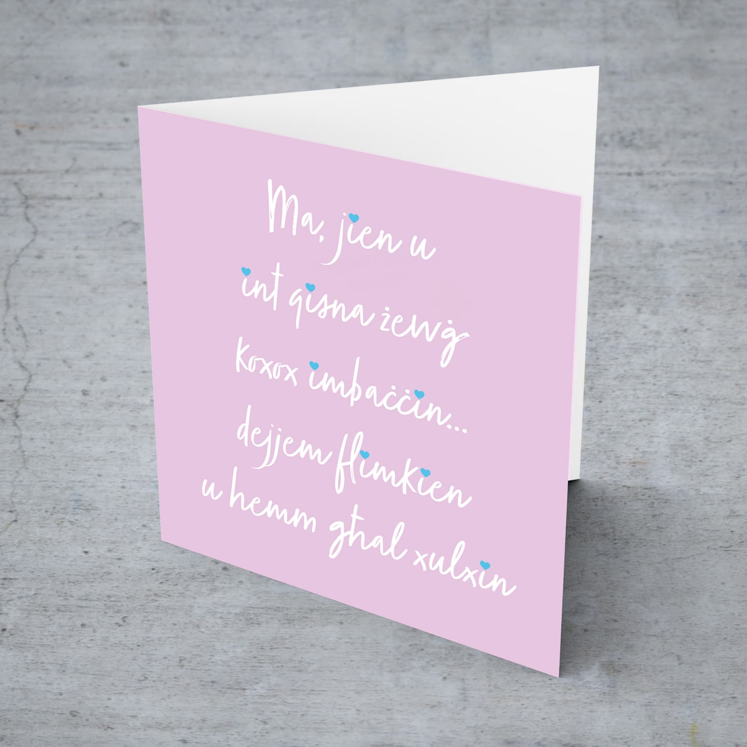 Funny Birthday card for mother with pink background and light blue hearts in Maltese