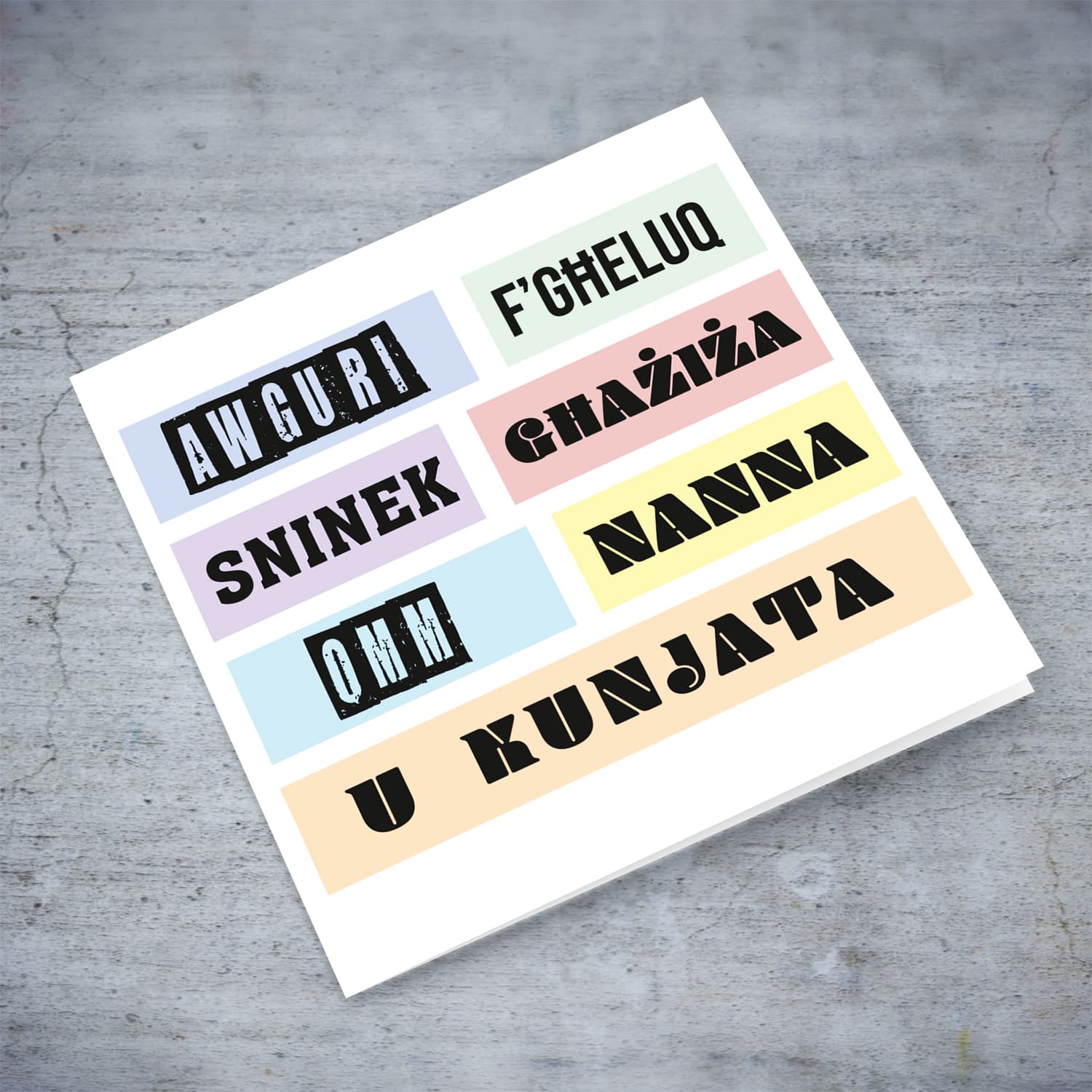 Colourful, modern pastel coloured birthday card for mum, grandma & mother-in-law in Maltese