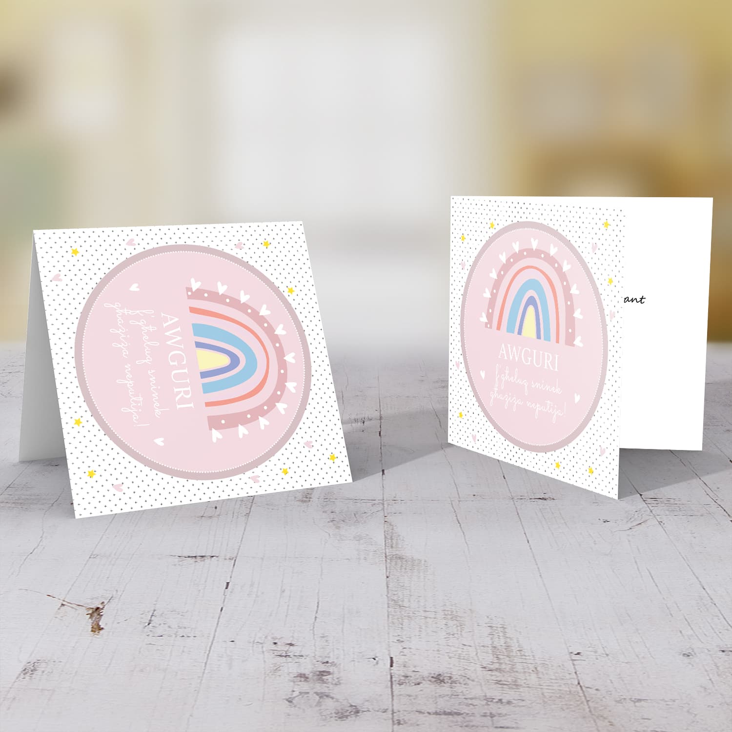 Pink circle with cute rainbow birthday card for niece in Maltese