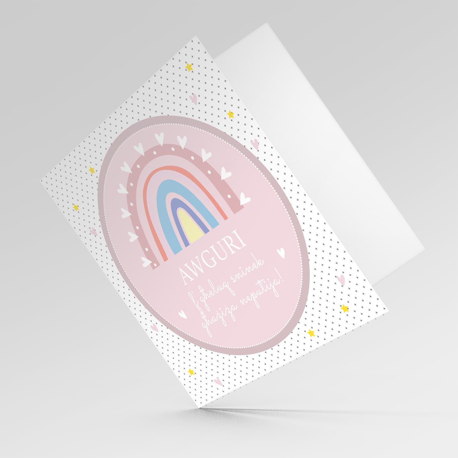 Pink circle with cute rainbow birthday card for niece in Maltese