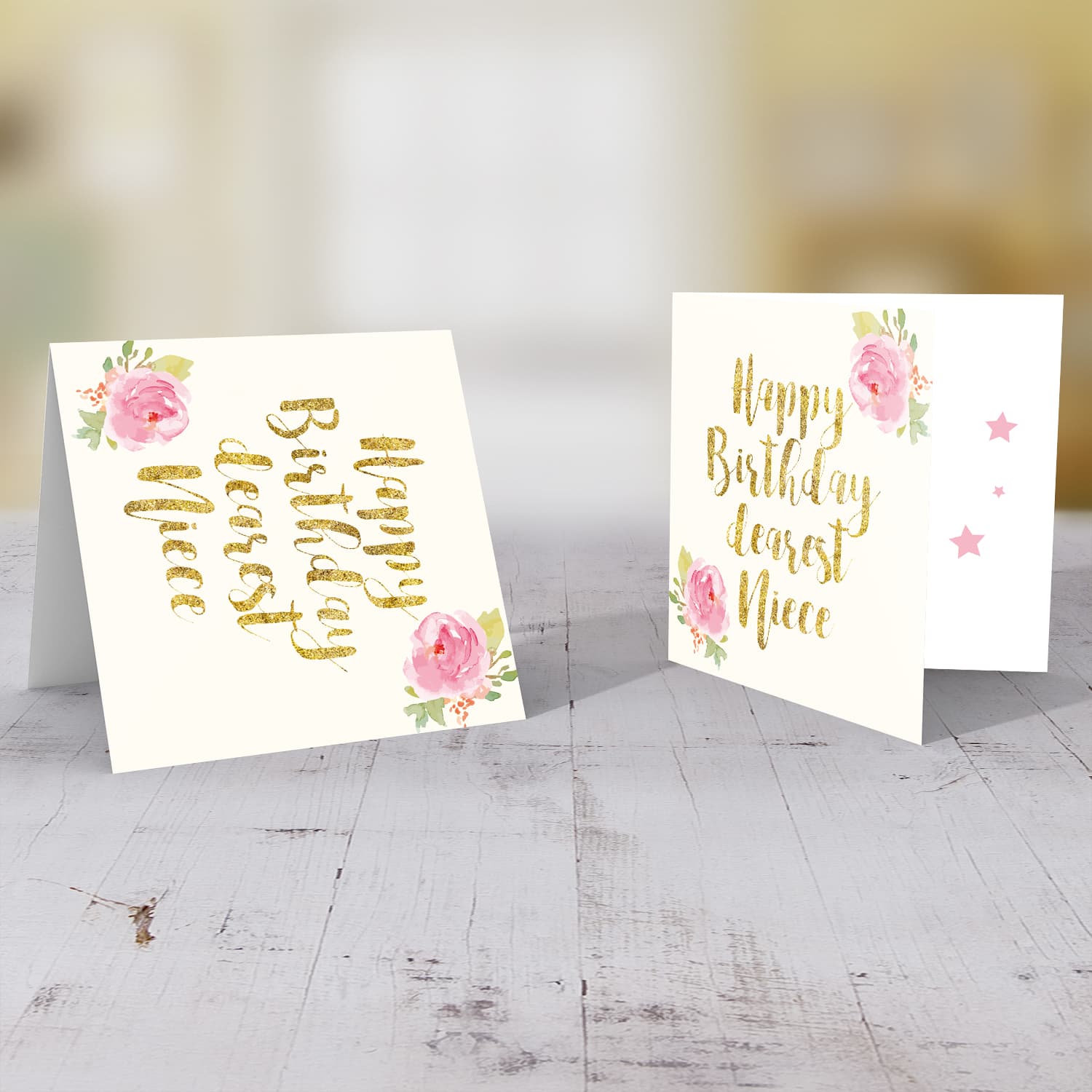 Golden glitter birthday card with flowers for niece in English 