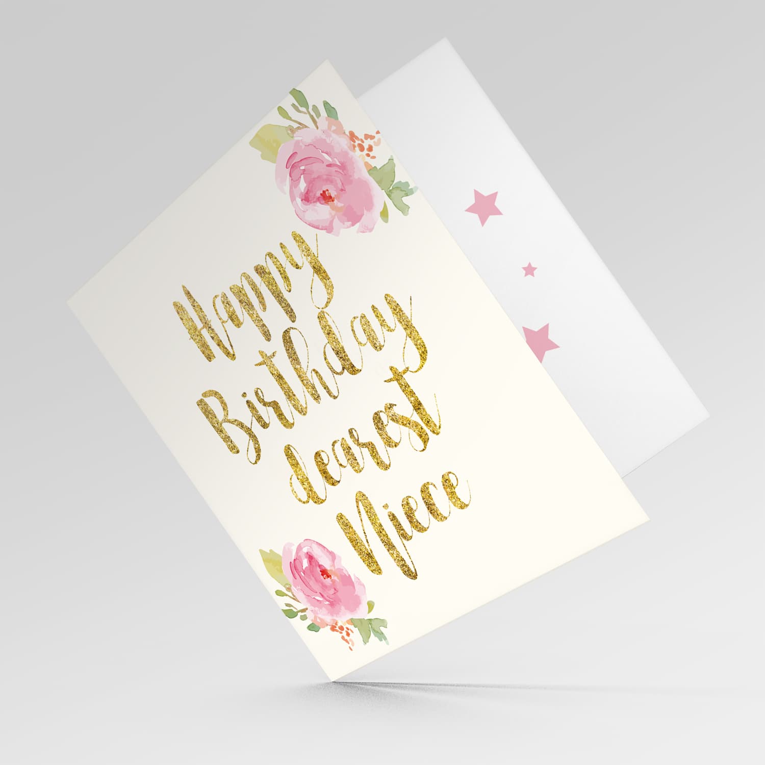 Golden glitter birthday card with flowers for niece in English 