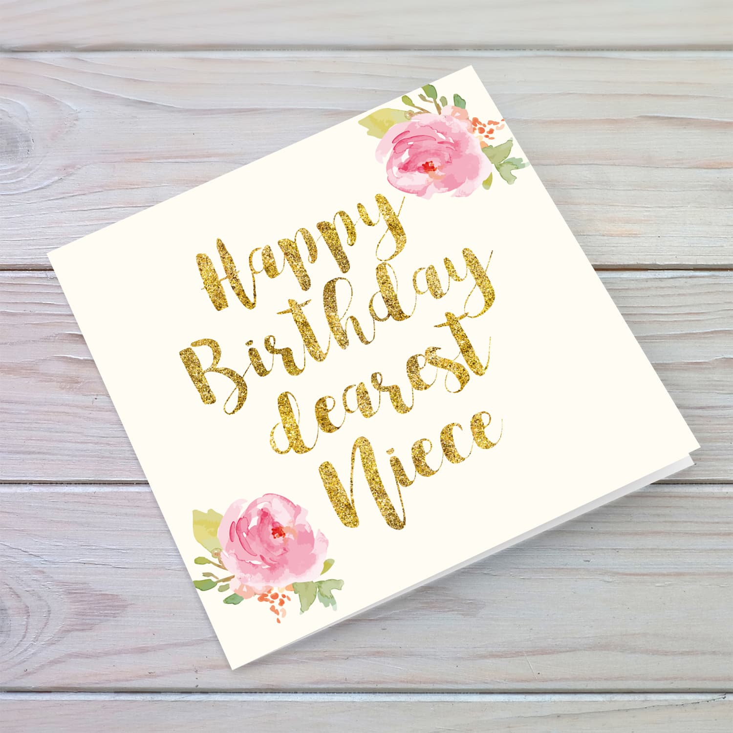Golden glitter birthday card with flowers for niece in English 