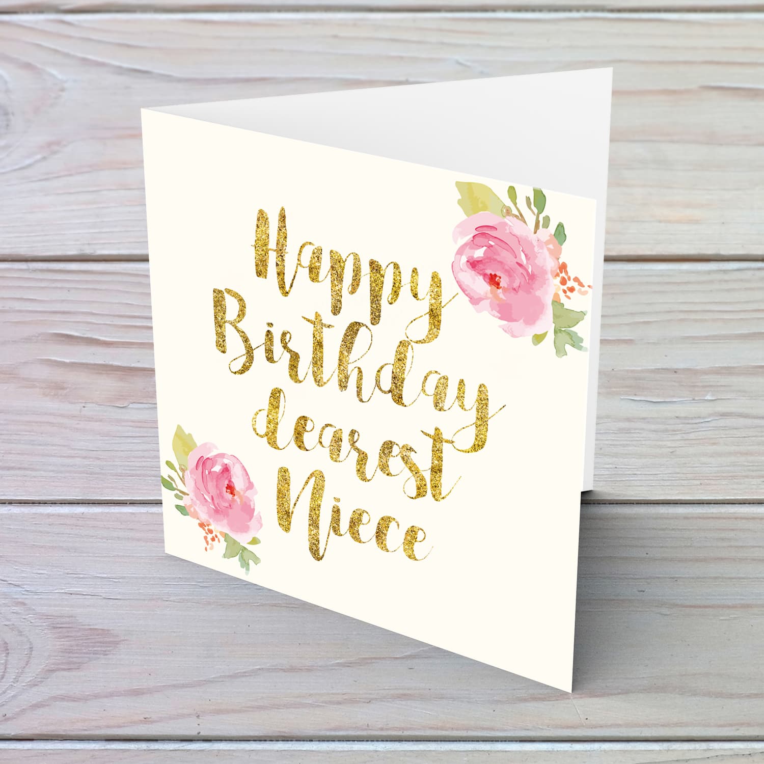 Golden glitter birthday card with flowers for niece in English 