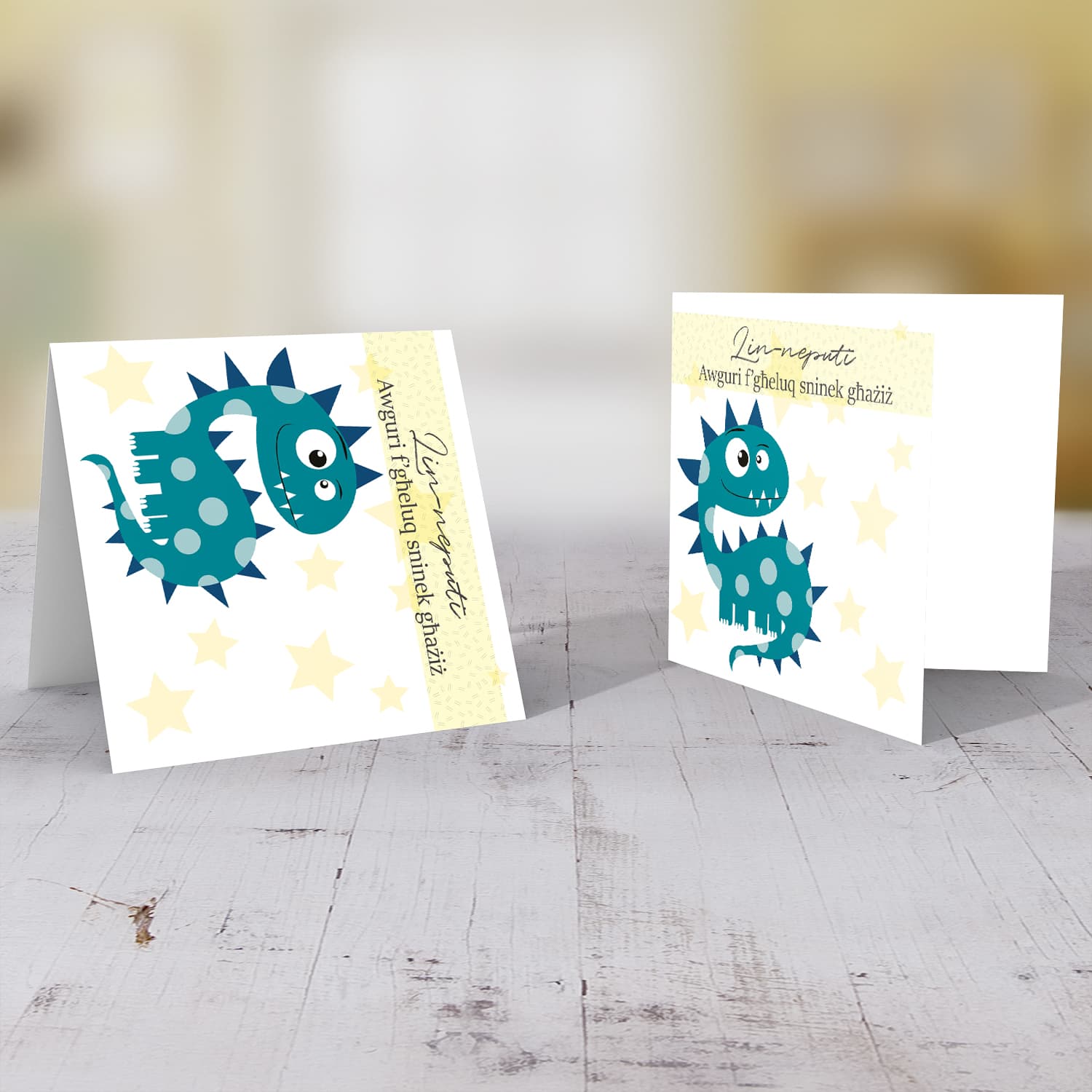 Dinosaur themed birthday card for nephew with pastel yellow stars in Maltese