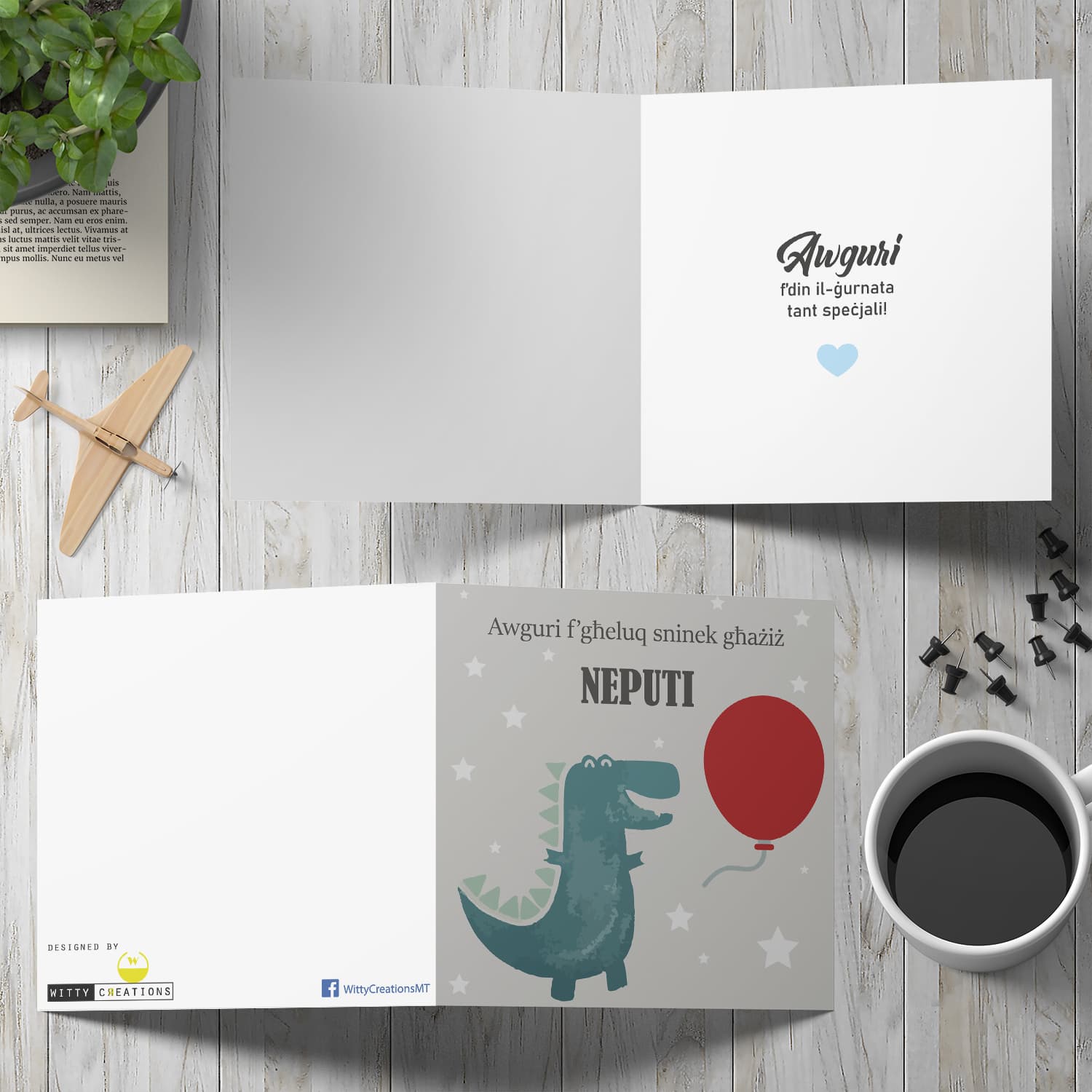 Dinosaur themed birthday card for nephew holding red balloon in Maltese