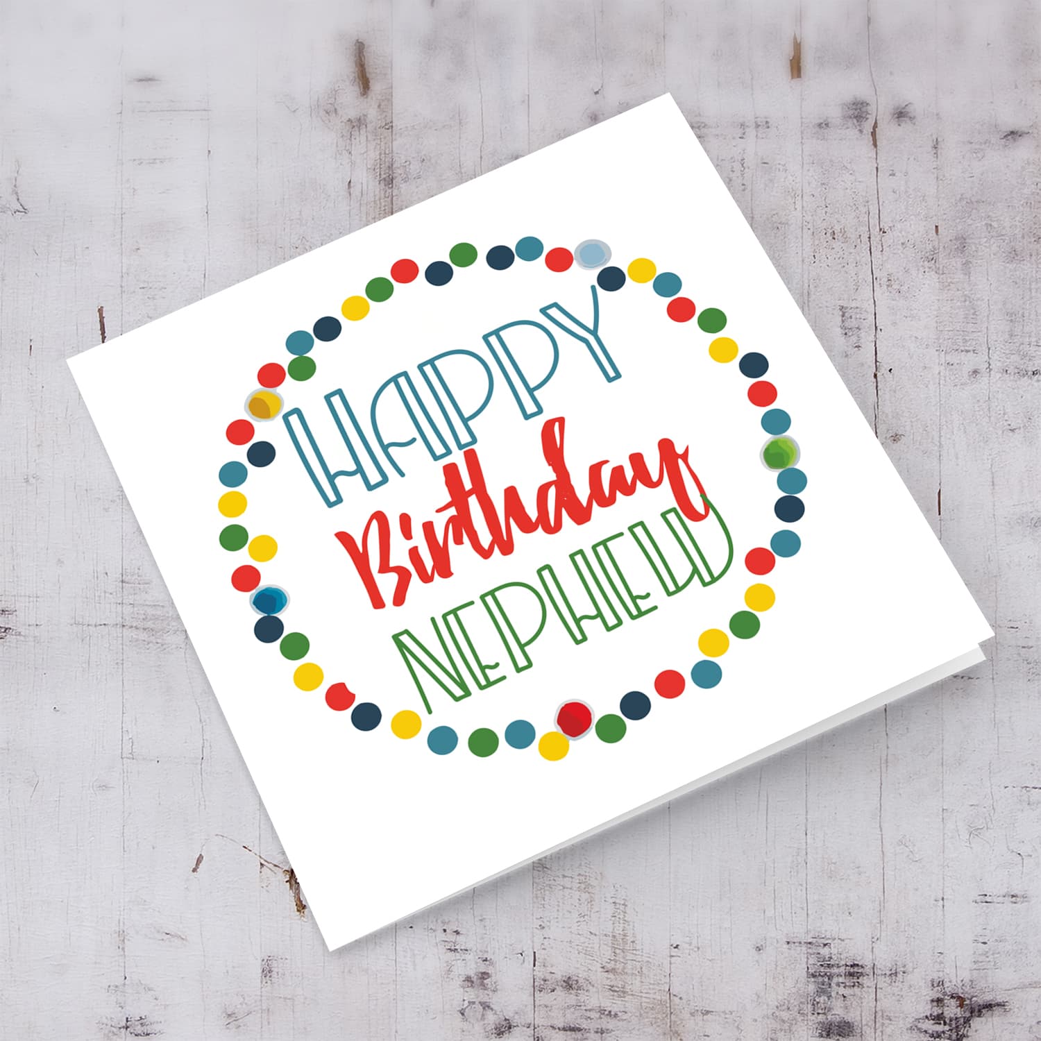 Colourful circles and text birthday card for nephew in English