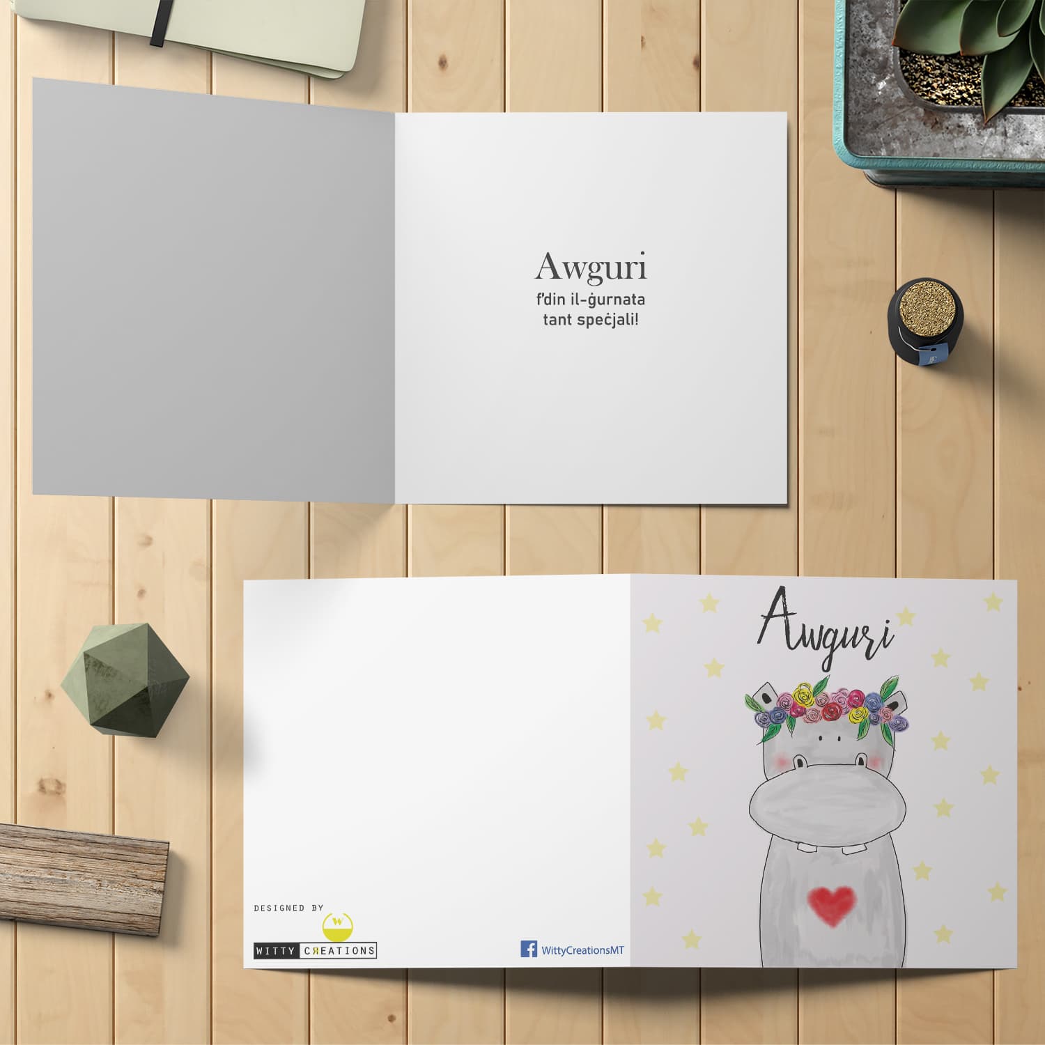 Hippopotamus themed open birthday card in Maltese