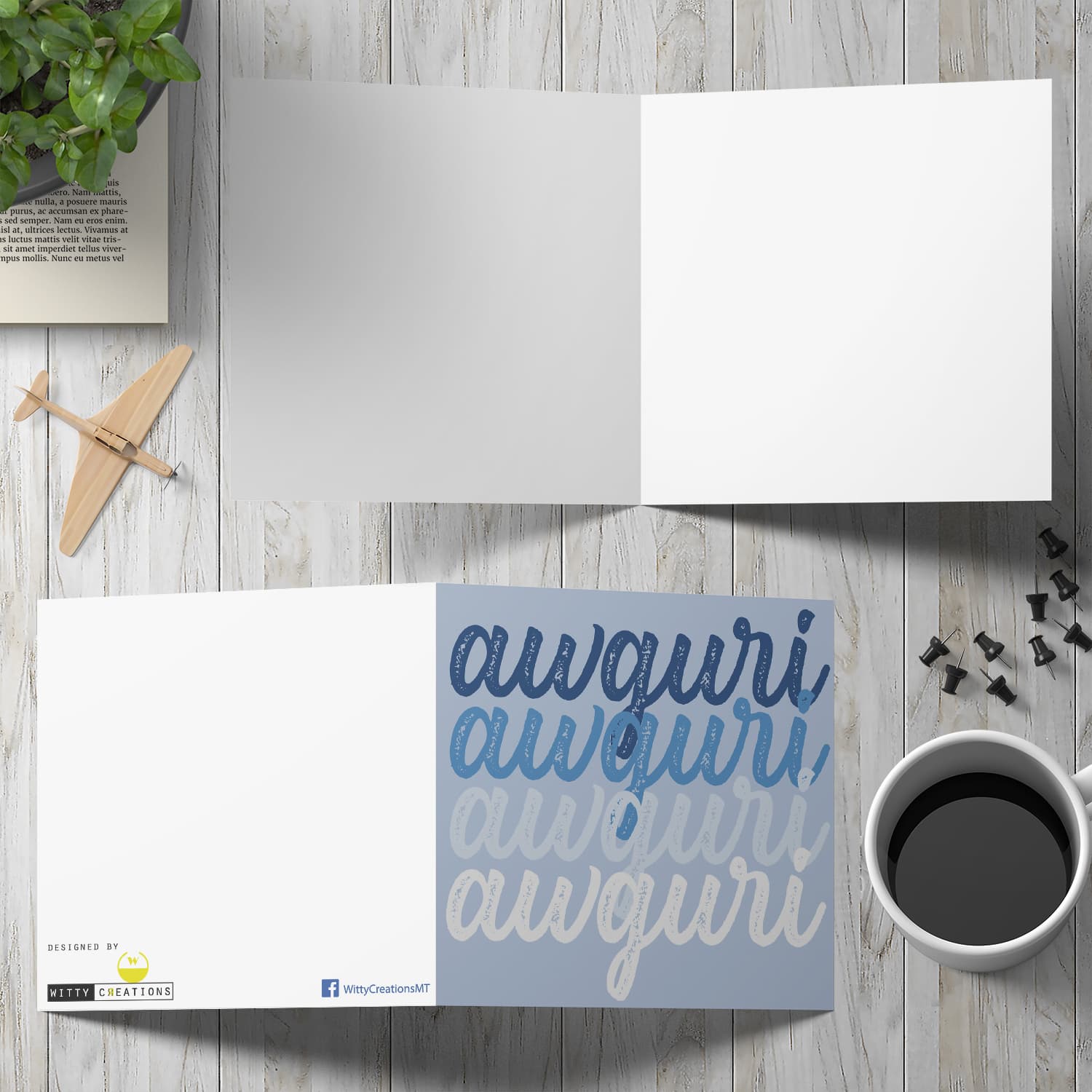 Awguri print open birthday card in blue colours in Maltese