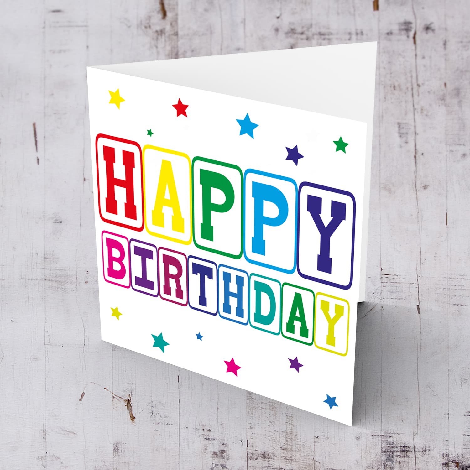 Colourful text birthday card with stars in English