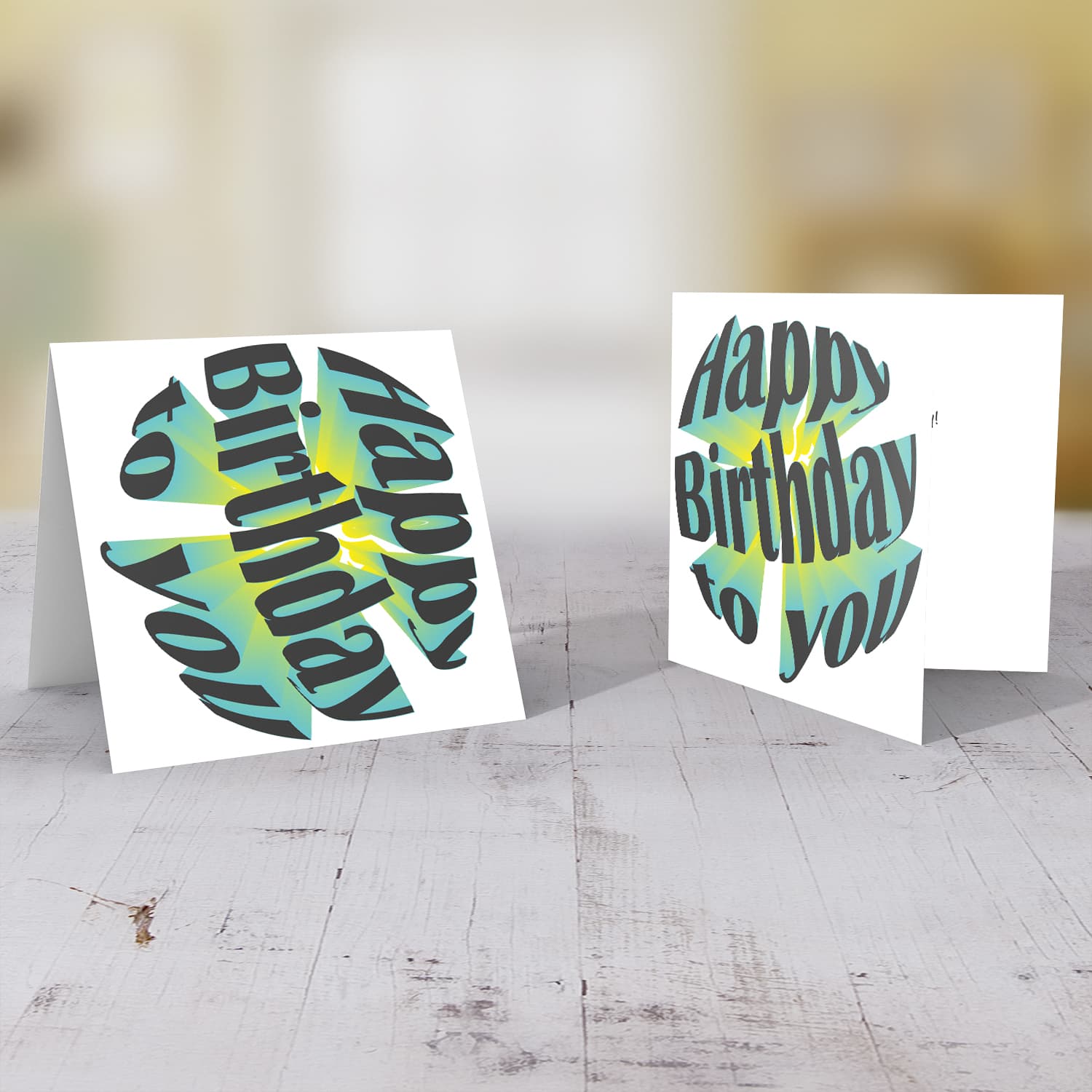 Spheric 3d Happy Birthday card in yellow/green tones in English