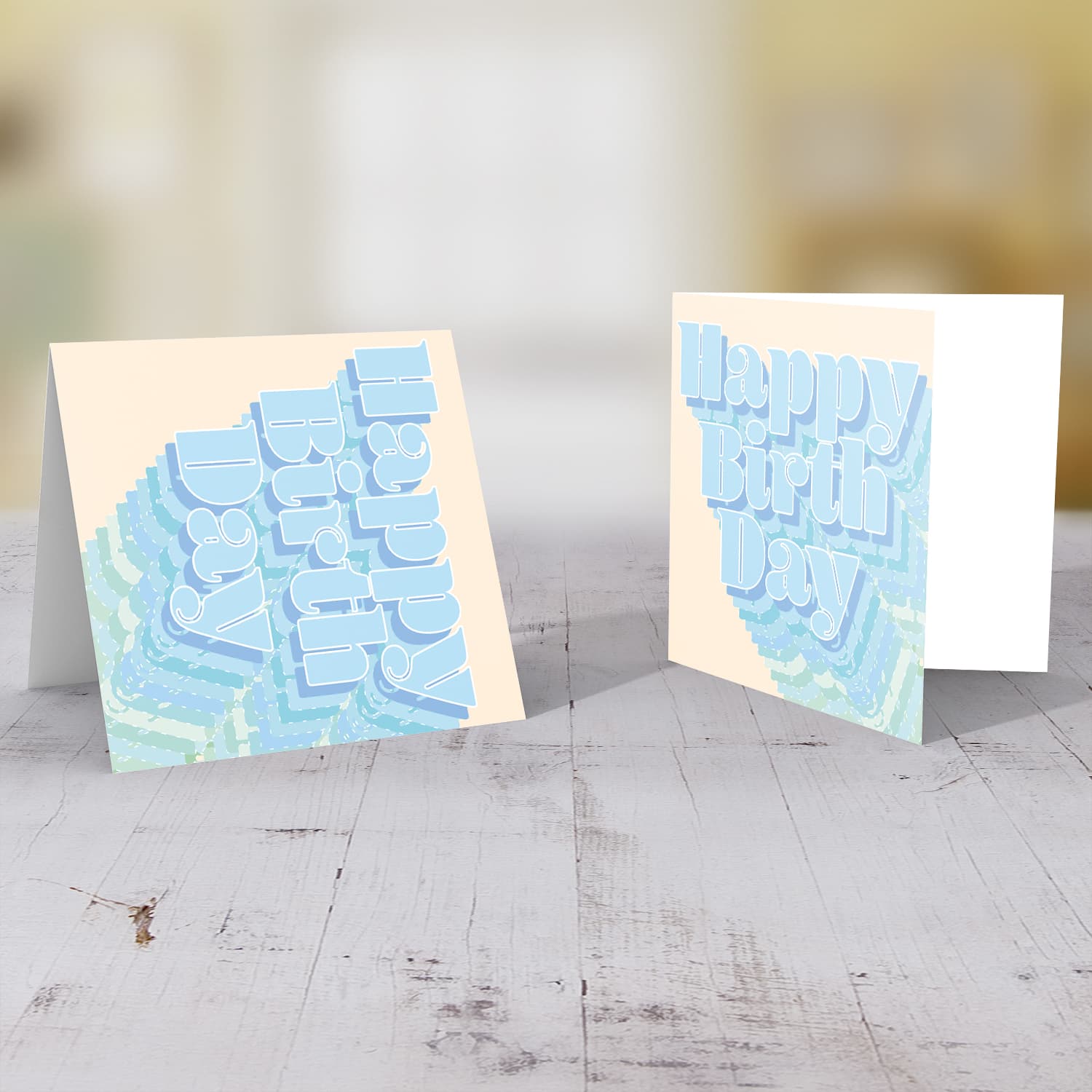 Happy Birthday card in light pastel tones (blue and green) in English (open)