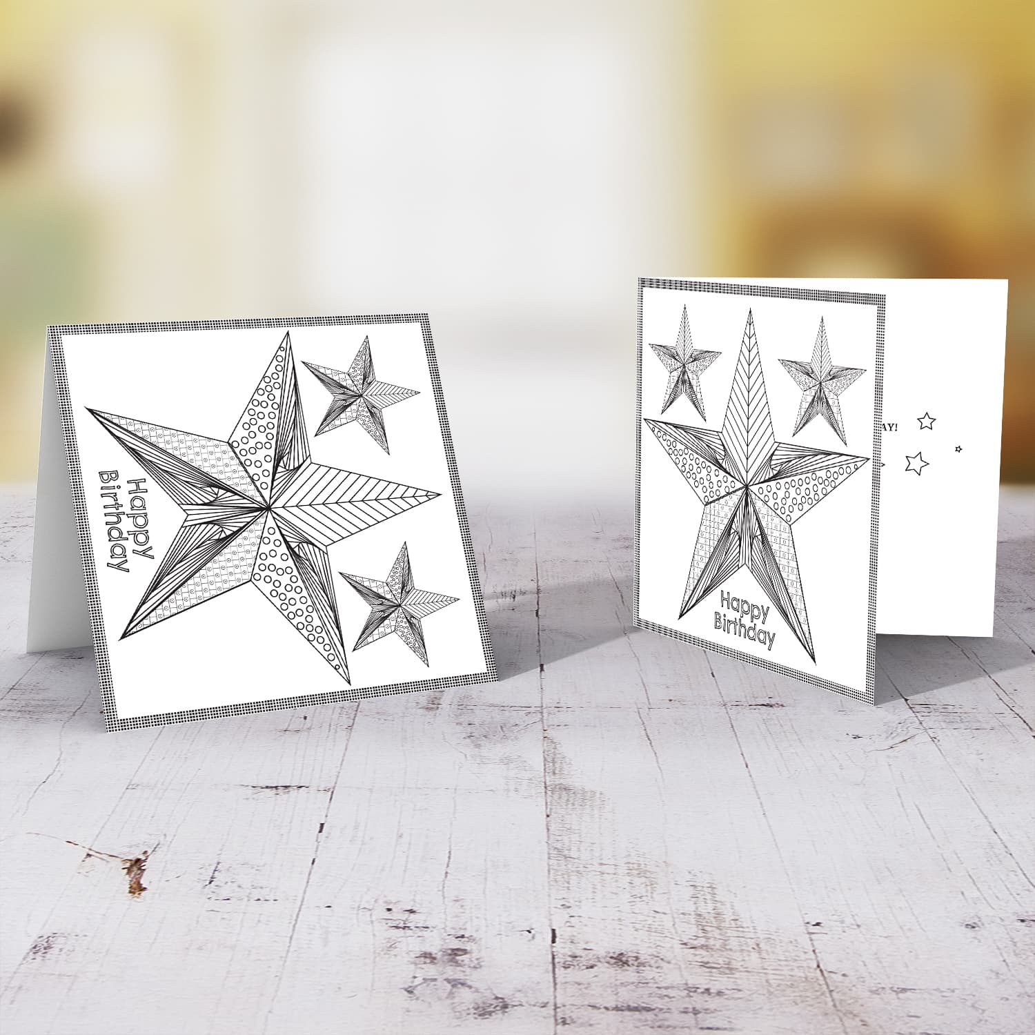Colouring stars with different patterns themed birthday card in English