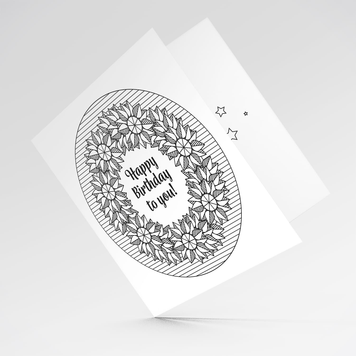 Colouring birthday card with geometric flowers and a circle with a lined pattern in English