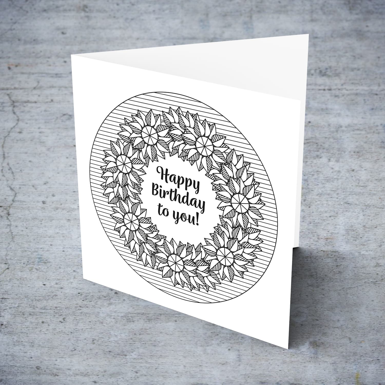 Colouring birthday card with geometric flowers and a circle with a lined pattern in English