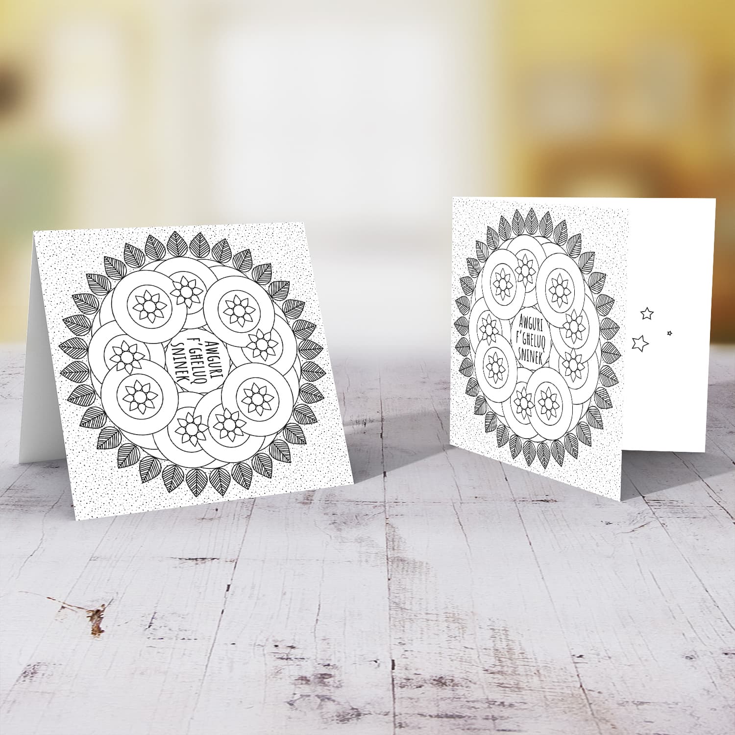 Colouring card with flowers, circles, leaves and splattered background in Maltese