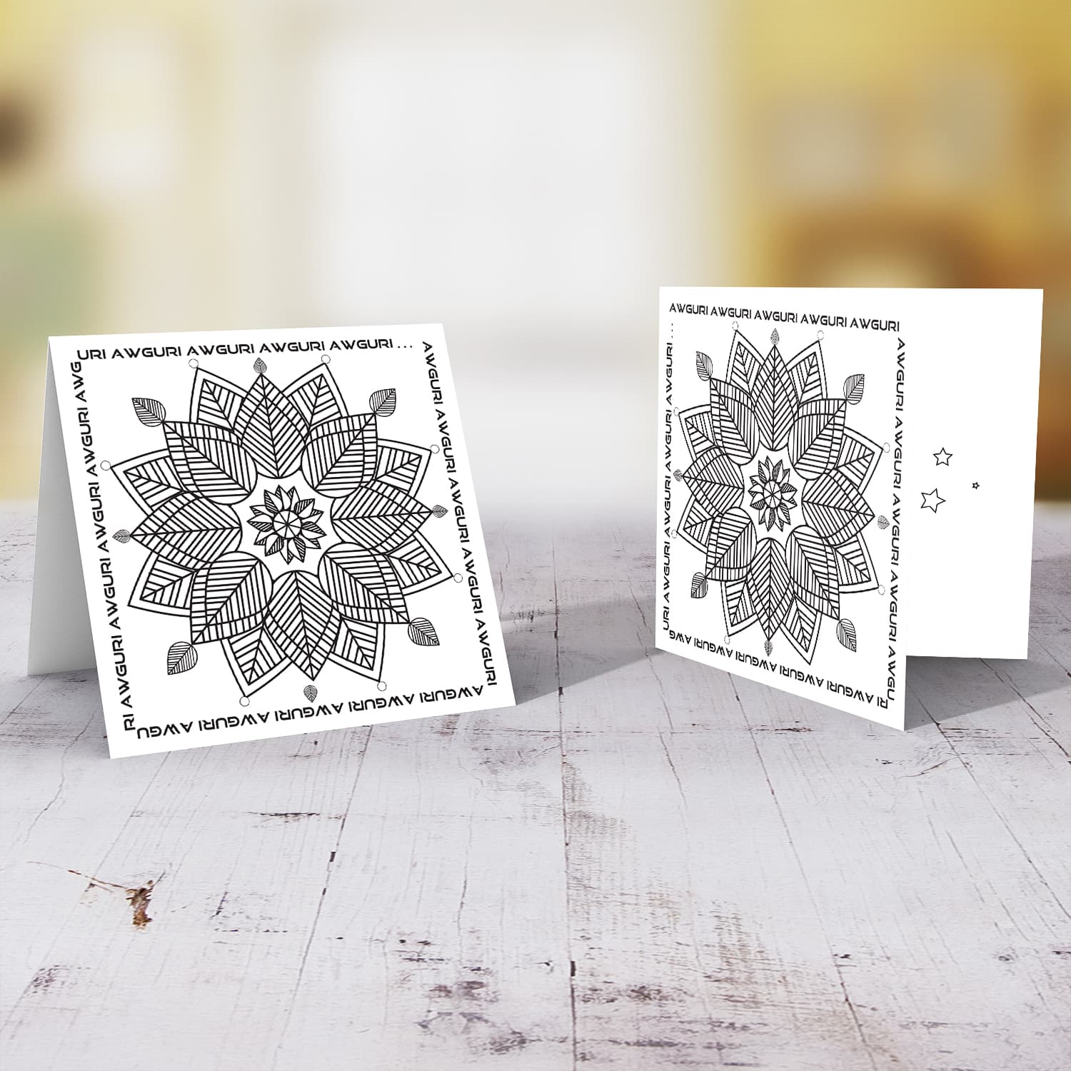 Colouring card with geometric snowflake and repetitive wishes on the border in Maltese