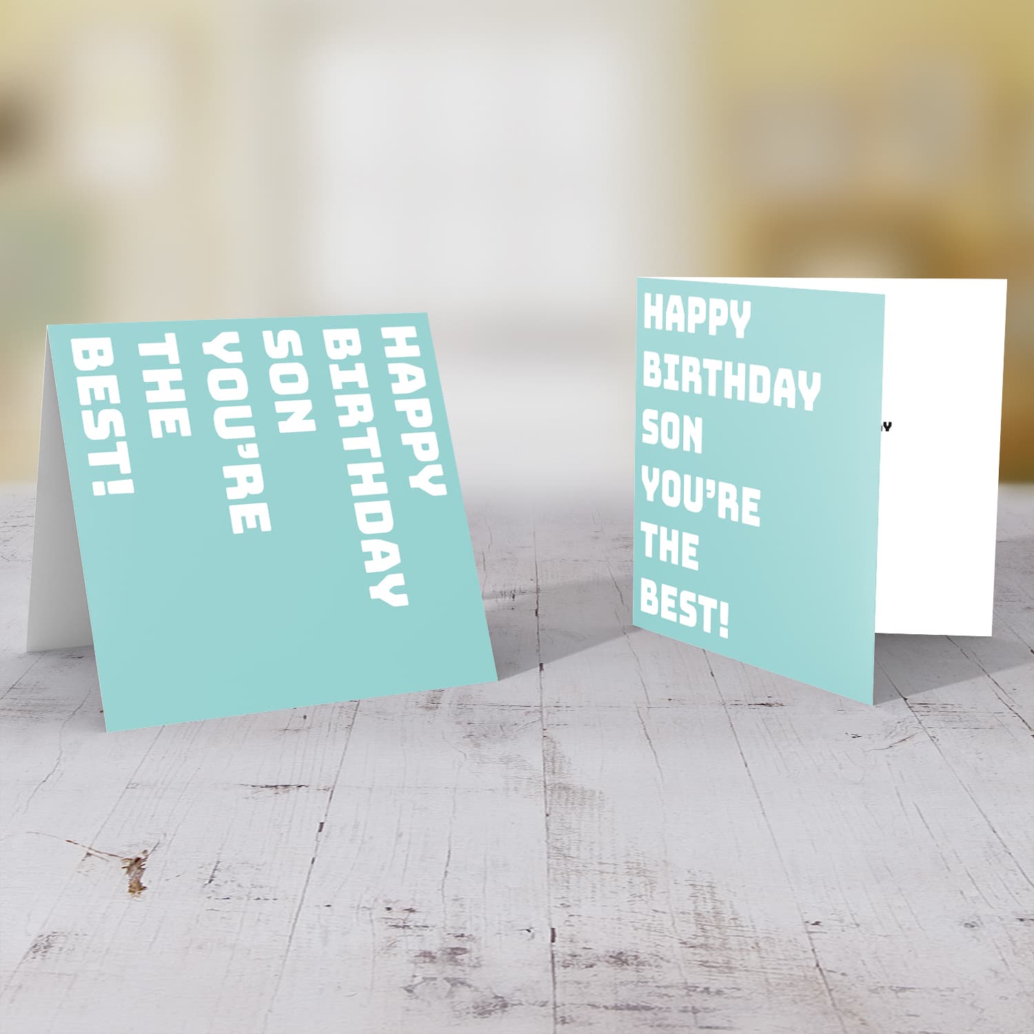 Light turquoise block colour background birthday card for son in English