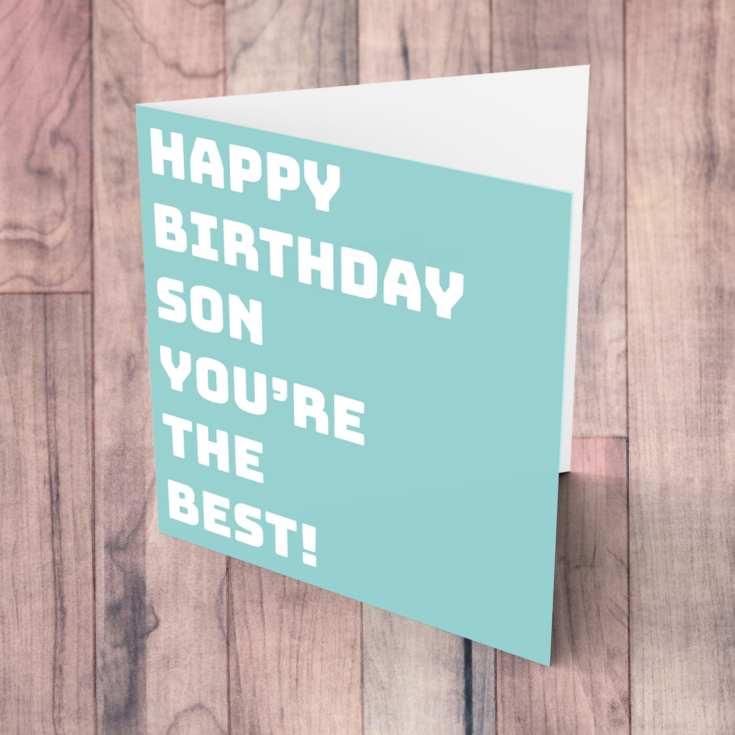 Light turquoise block colour background birthday card for son in English