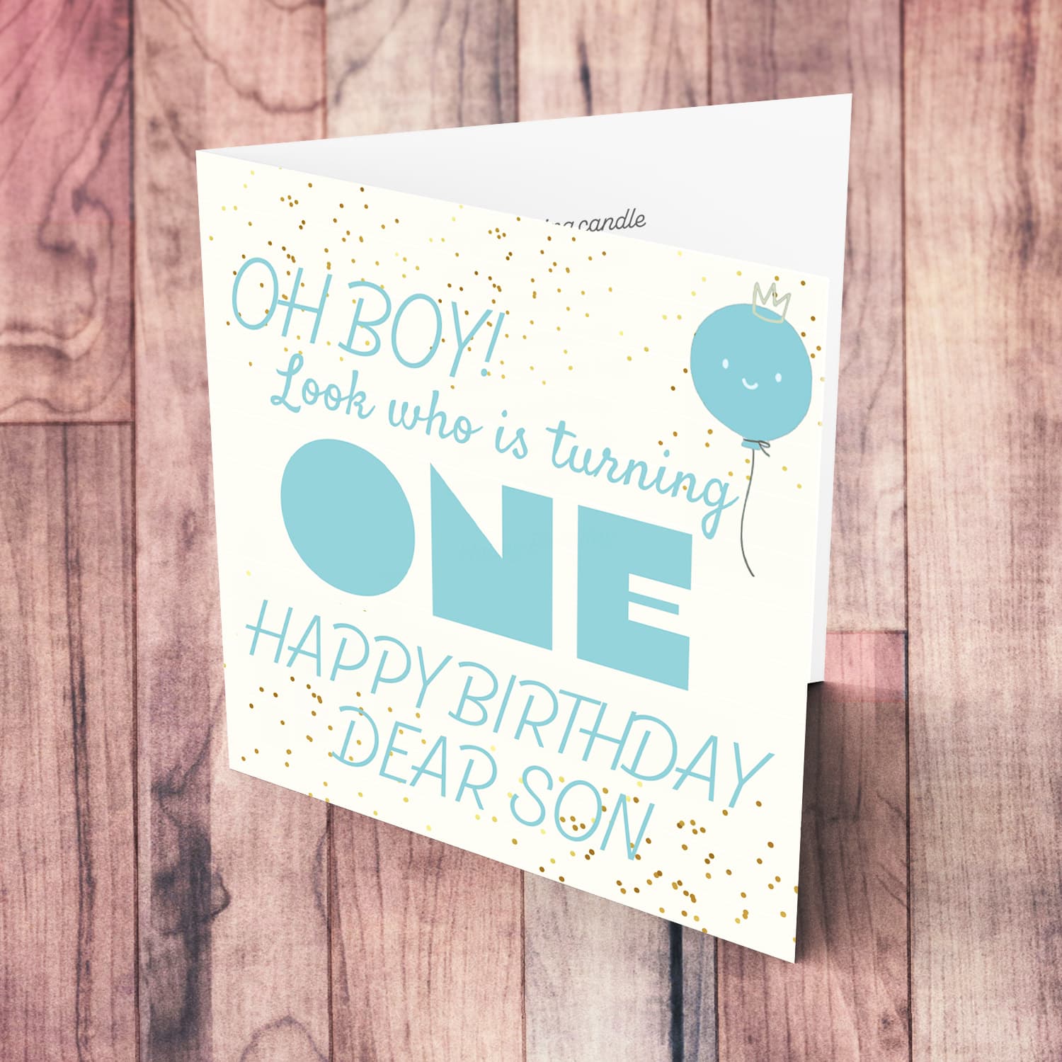 Look who's turning ONE - birthday card for a dear son with blue/turquoise text with cute balloon in English