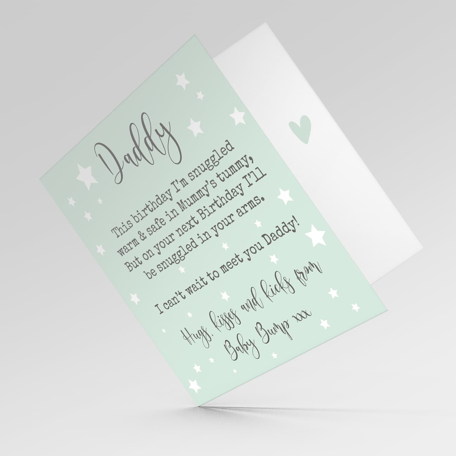 Birthday card for daddy to be with mint background and scattered stars in English