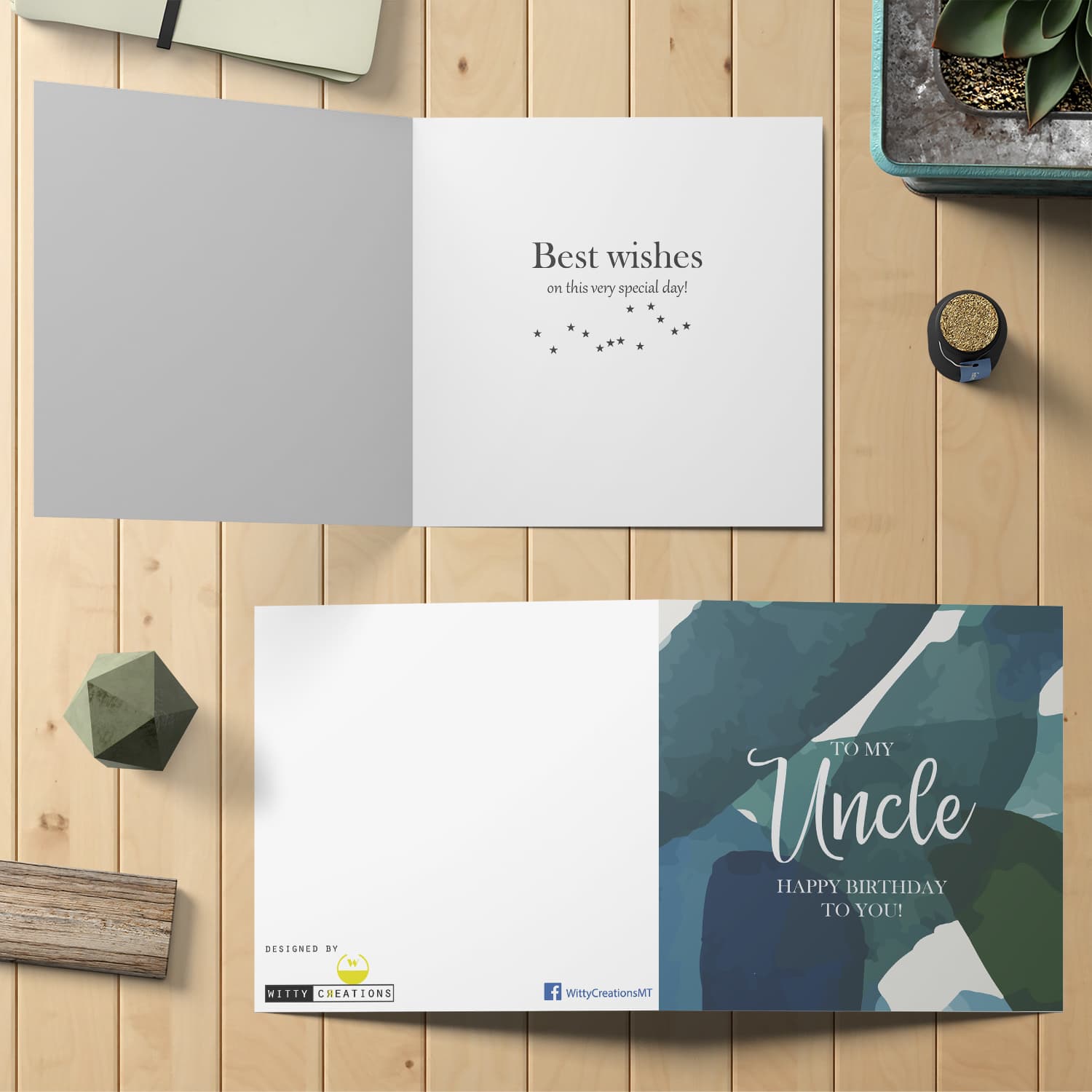Blue and green themed birthday card for Uncle in English