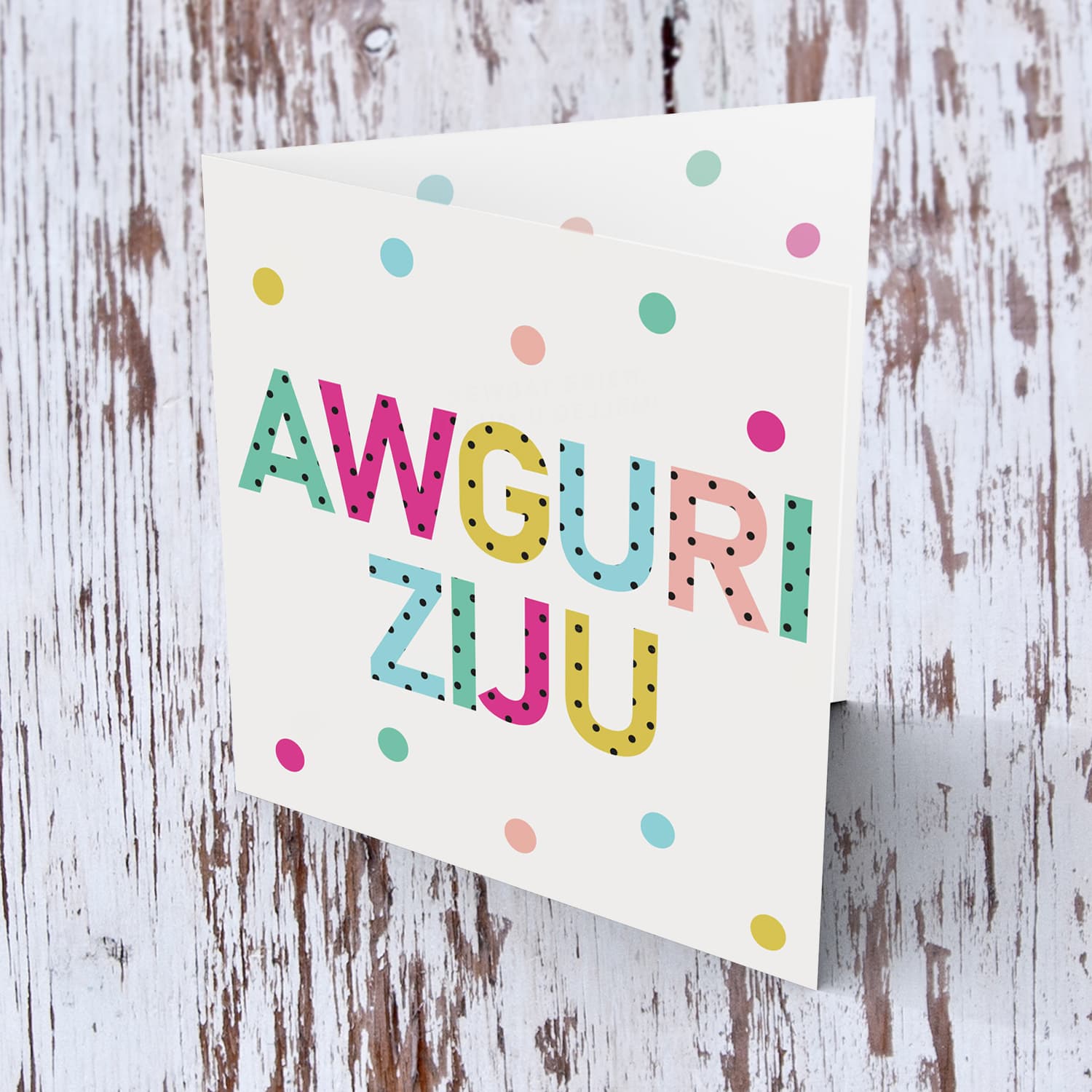 Colourful text with polka dots - Awguri Ziju card for Uncle in Maltese