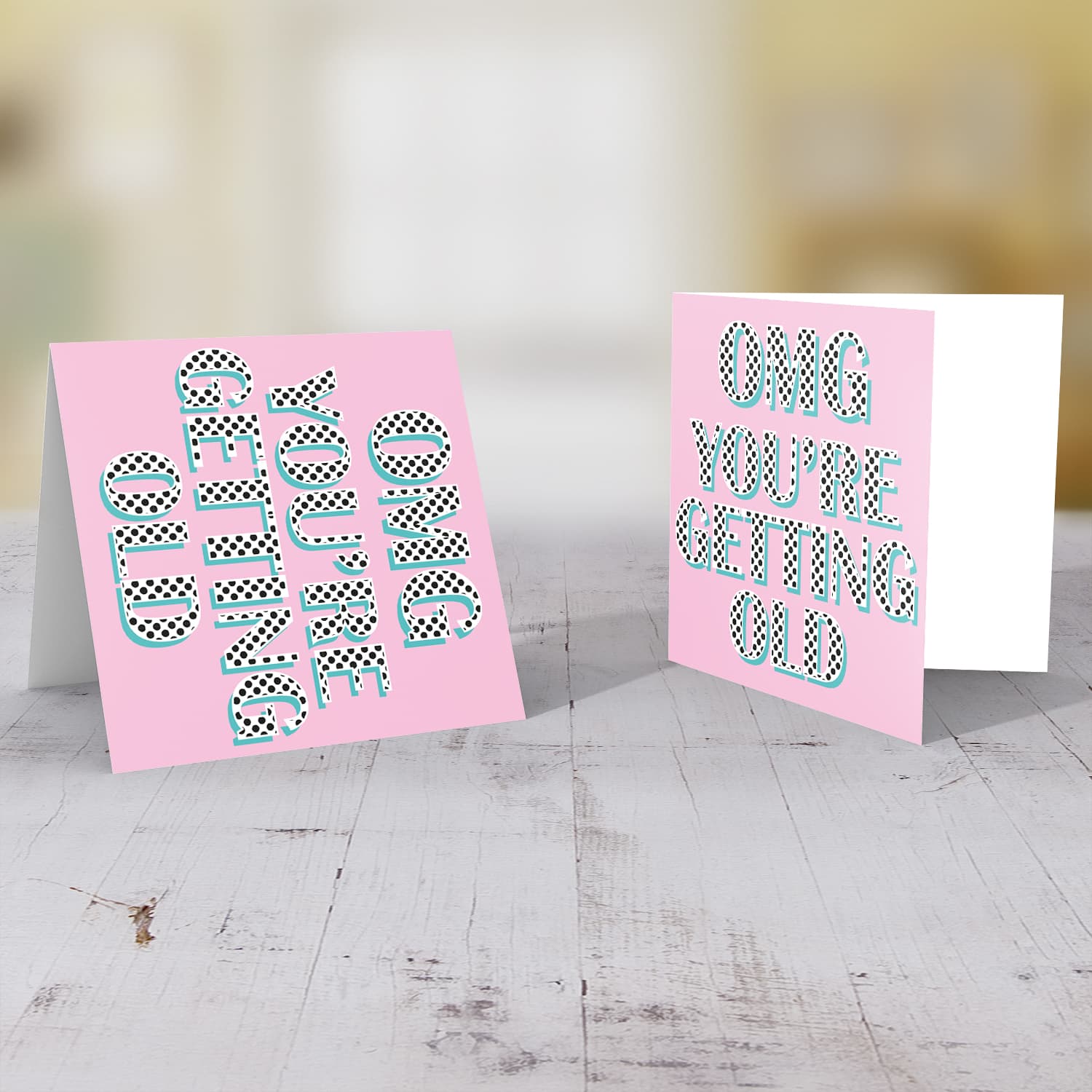 Pink background with polka dot wording you're getting old birthday card in English