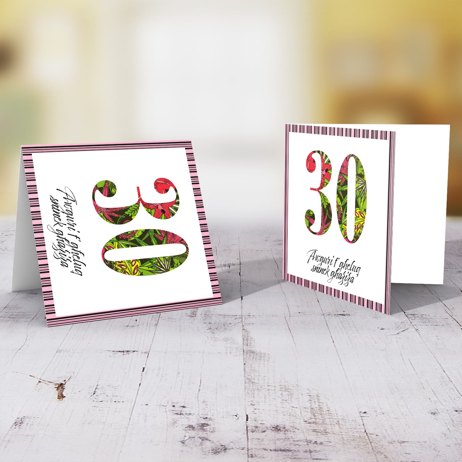 30 - Birthday card with floral number and striped black and pink border in Maltese