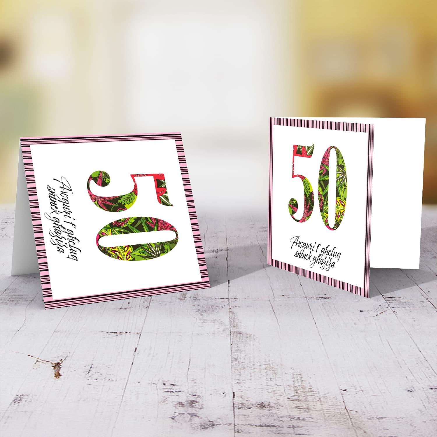 50 - Birthday card with floral number and striped black and pink border in Maltese