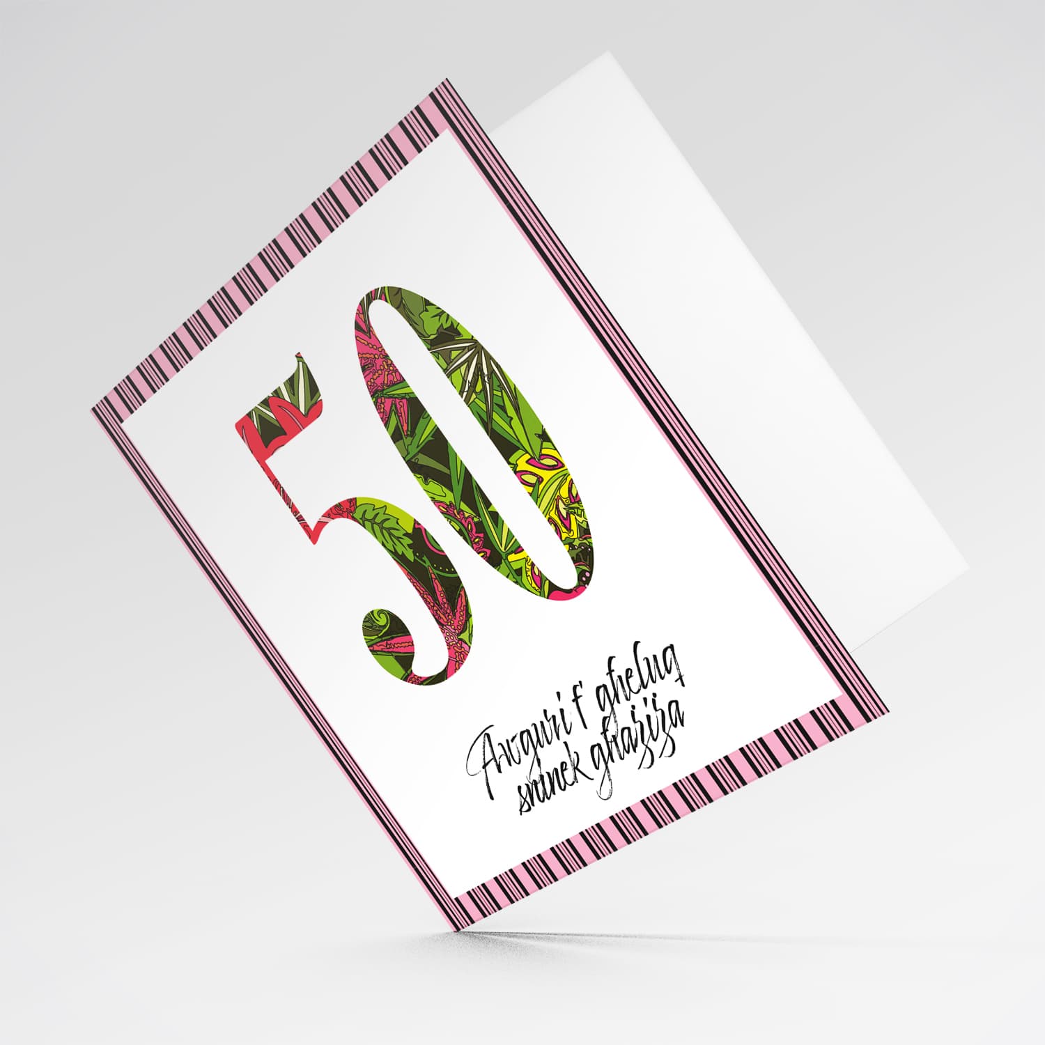 50 - Birthday card with floral number and striped black and pink border in Maltese