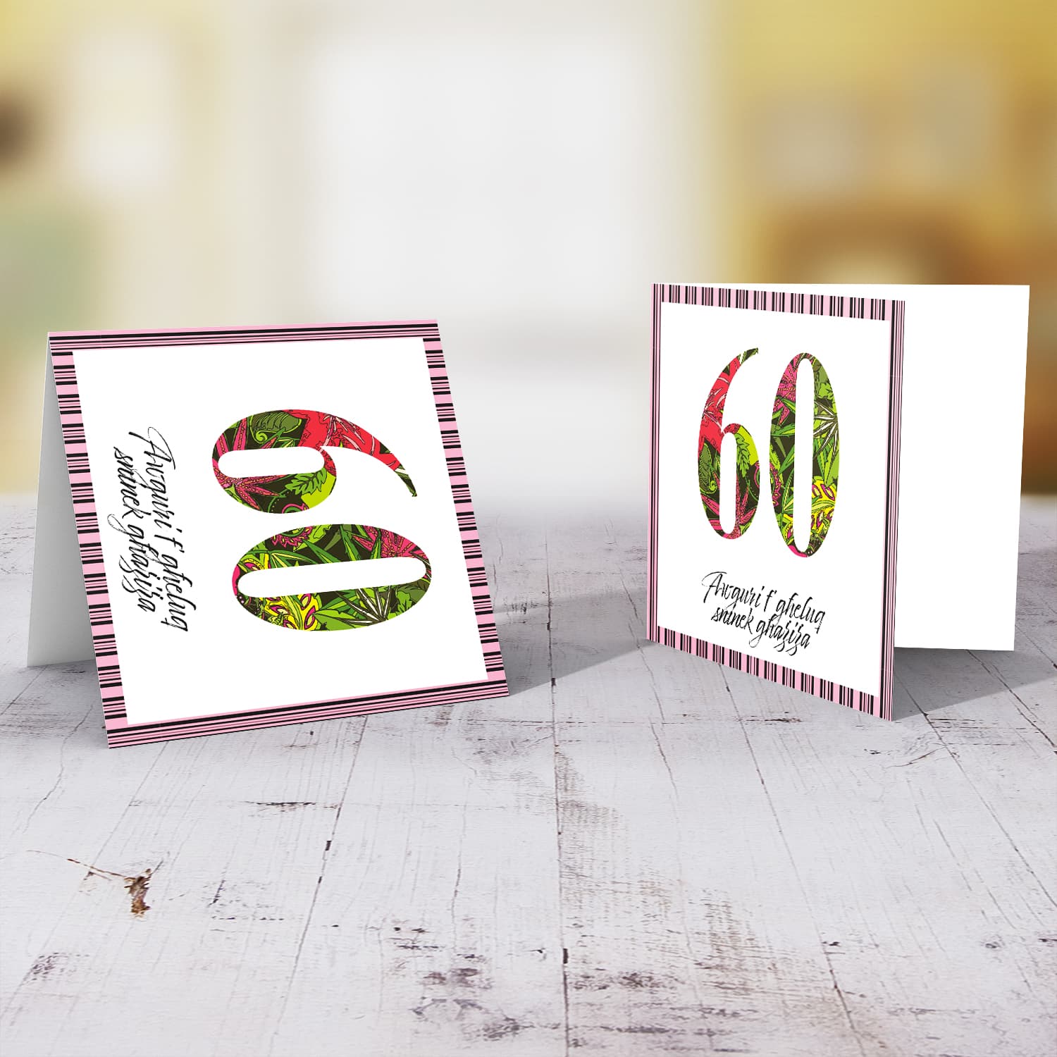 60 - Birthday card with floral number and striped black and pink border in Maltese