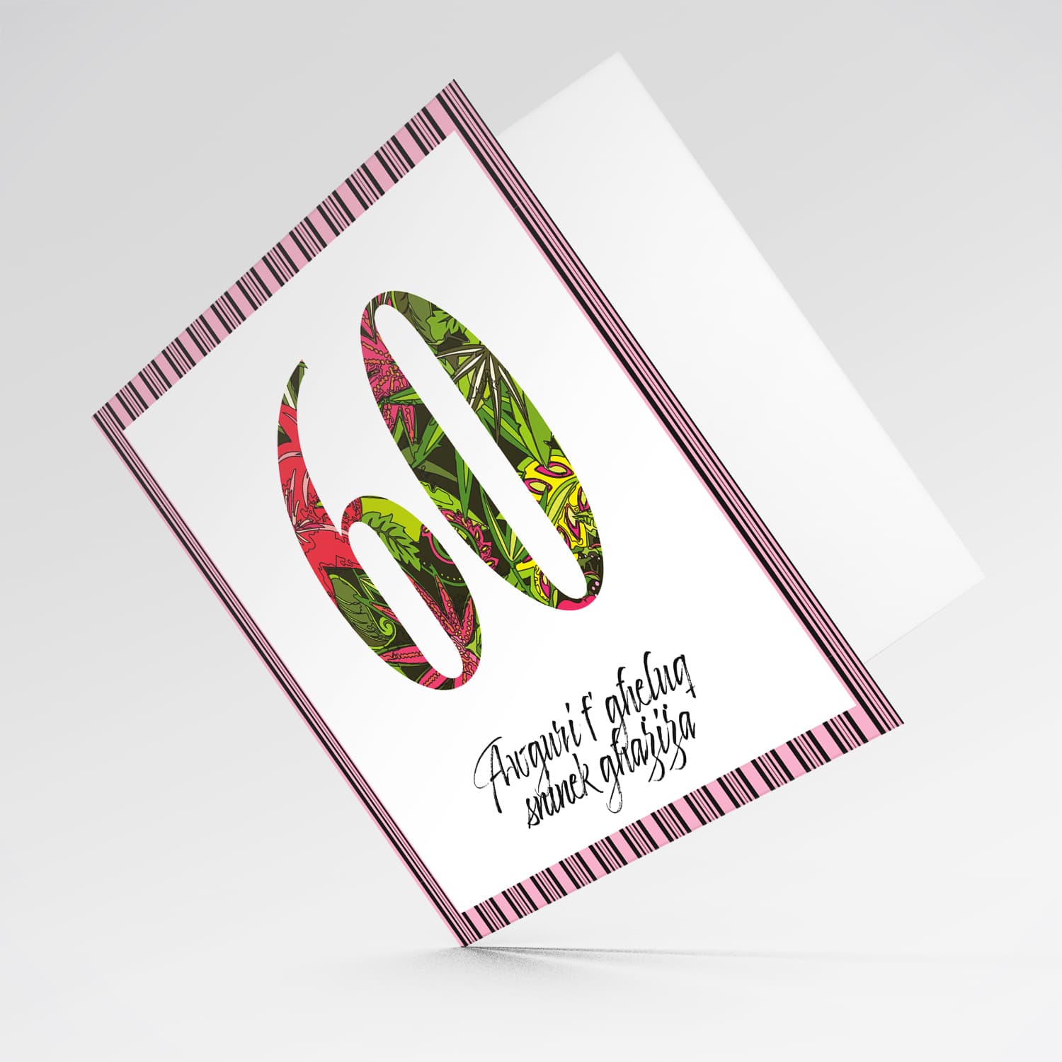 60 - Birthday card with floral number and striped black and pink border in Maltese