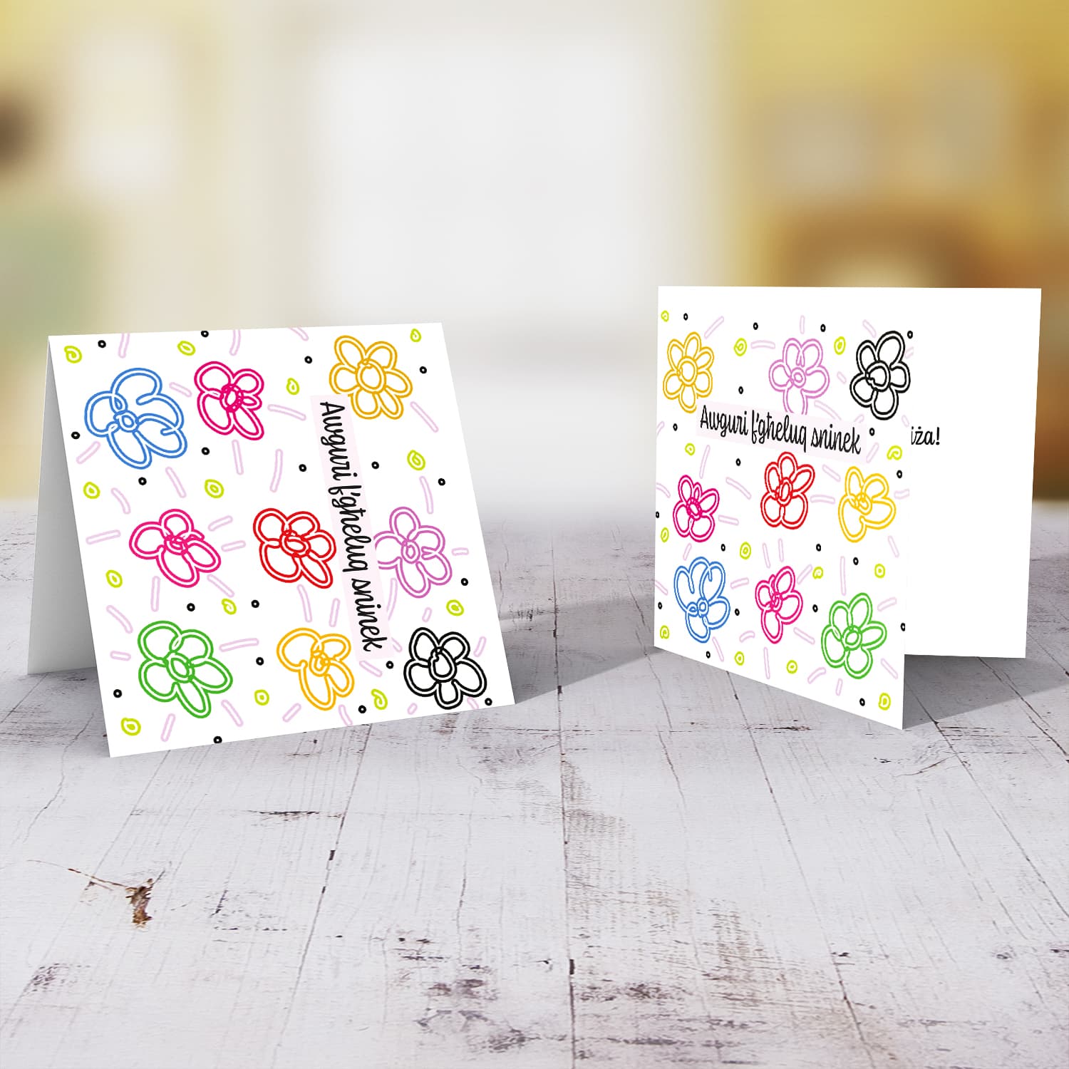 Colourful, bright coloured flowers birthday card in Maltese
