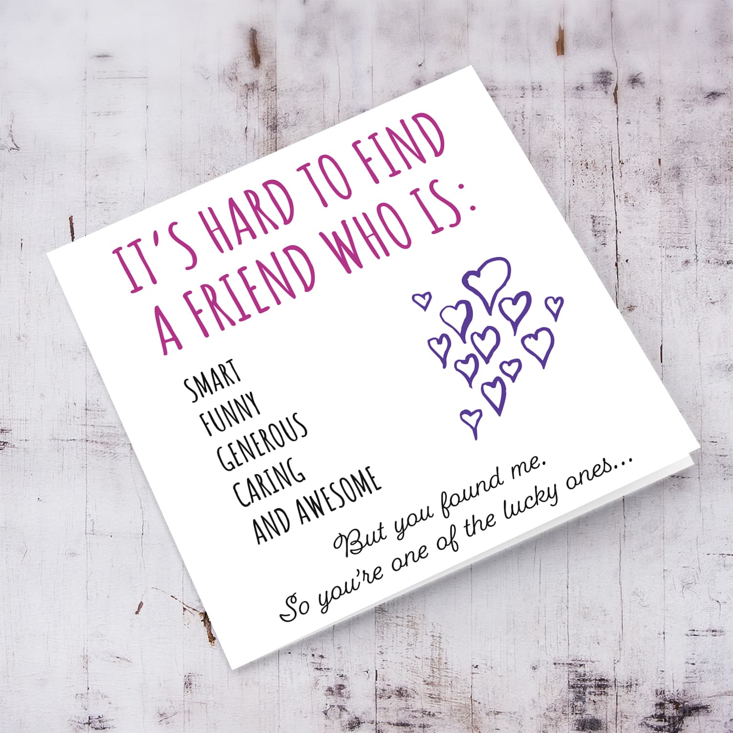 Funny birthday card for bestie in purple, pink and black text in English