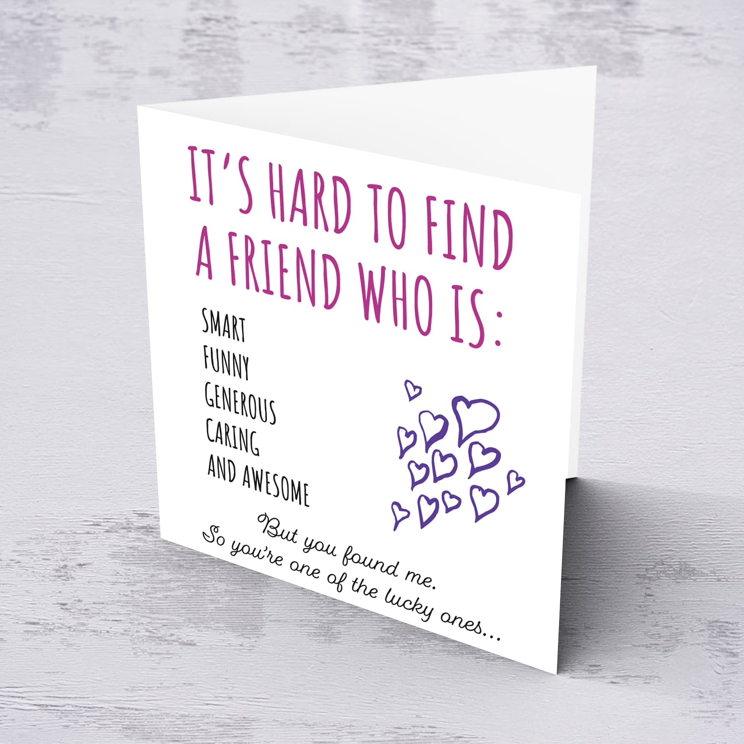 Funny birthday card for bestie in purple, pink and black text in English