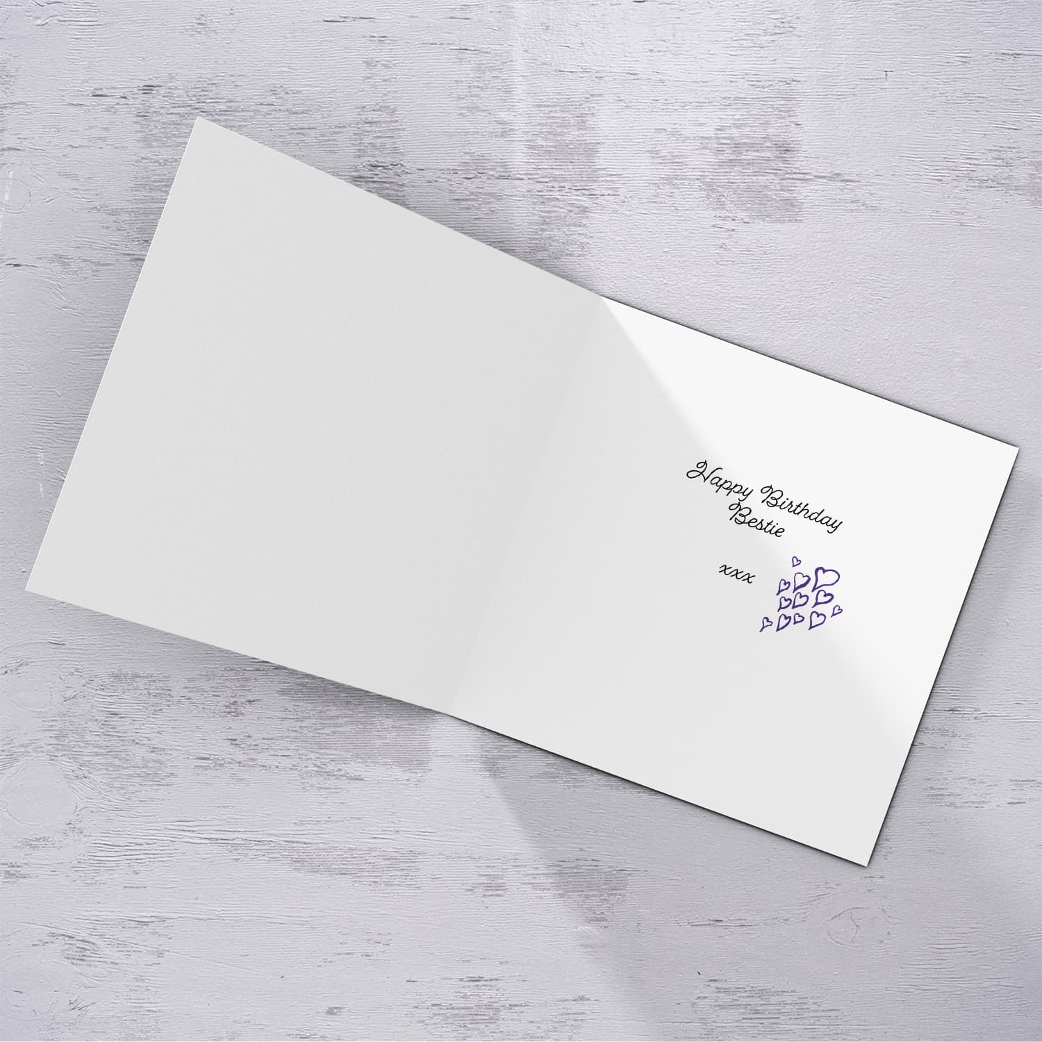 Funny birthday card for bestie in purple, pink and black text in English