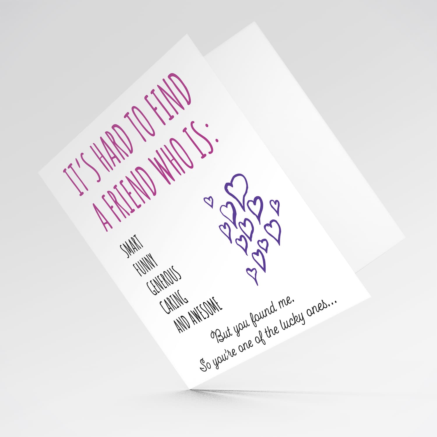 Funny birthday card for bestie in purple, pink and black text in English