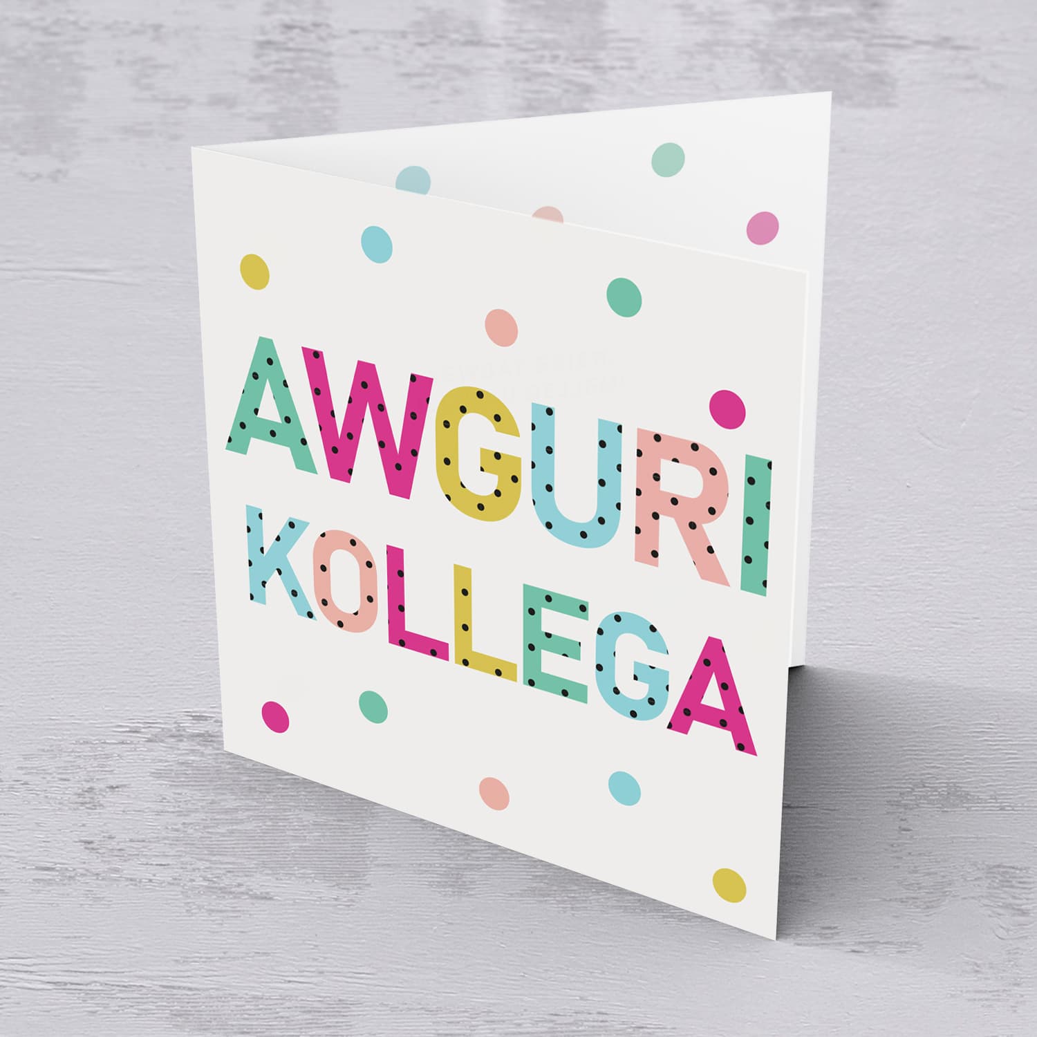Colourful text with polka dots - Awguri kollega -  birthday card for colleague in Maltese