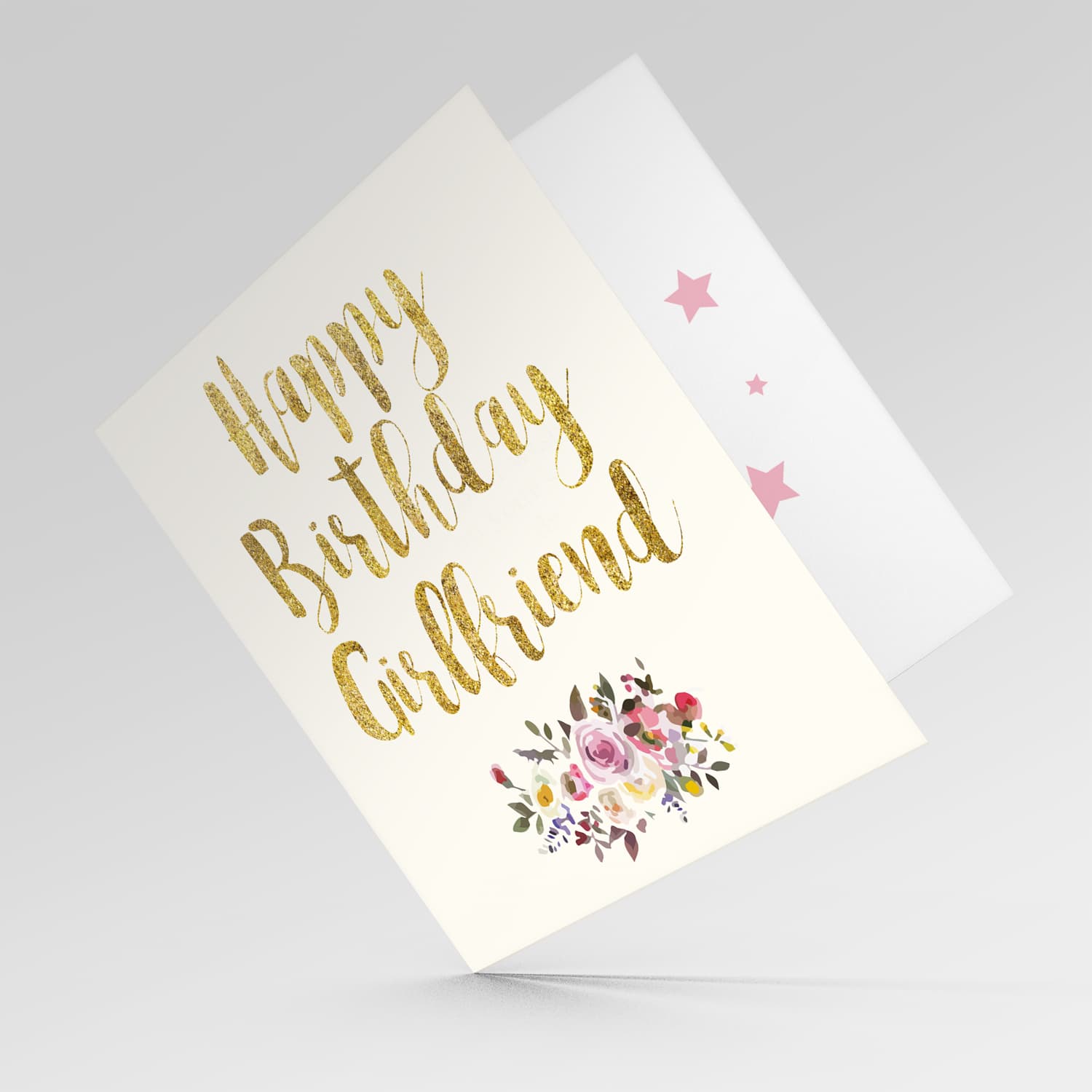 Golden glitter birthday card for girlfriend with flowers in English